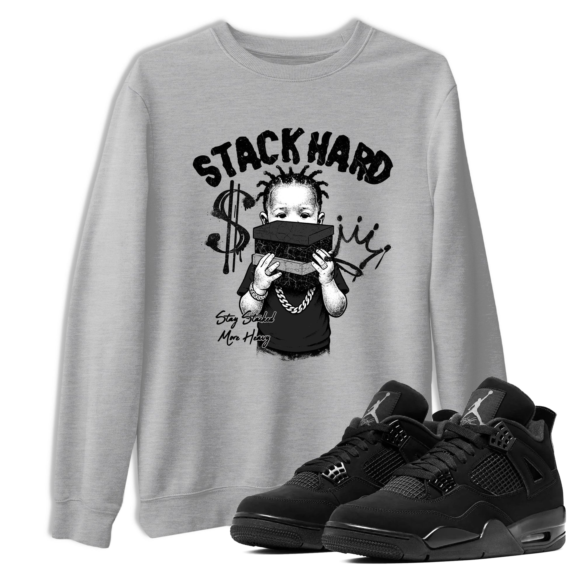 Sneaker match tees – Sneaker Tees To Match Air Jordan 4 Black Cat Shoes – Stack Hard Tee Heather Grey 1