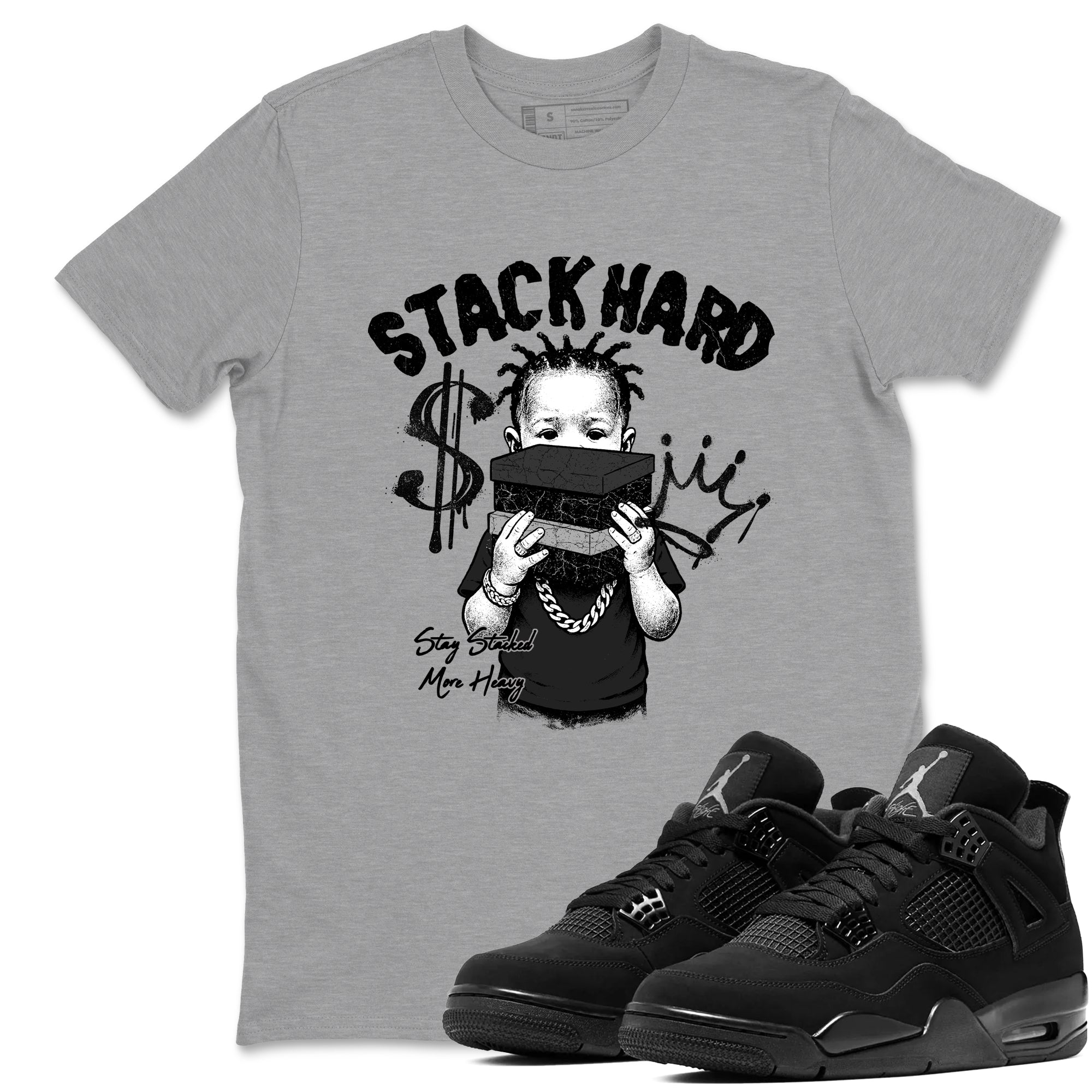 Sneaker match tees – Sneaker Tees To Match Air Jordan 4 Black Cat Shoes – Stack Hard Tee Heather Grey 1