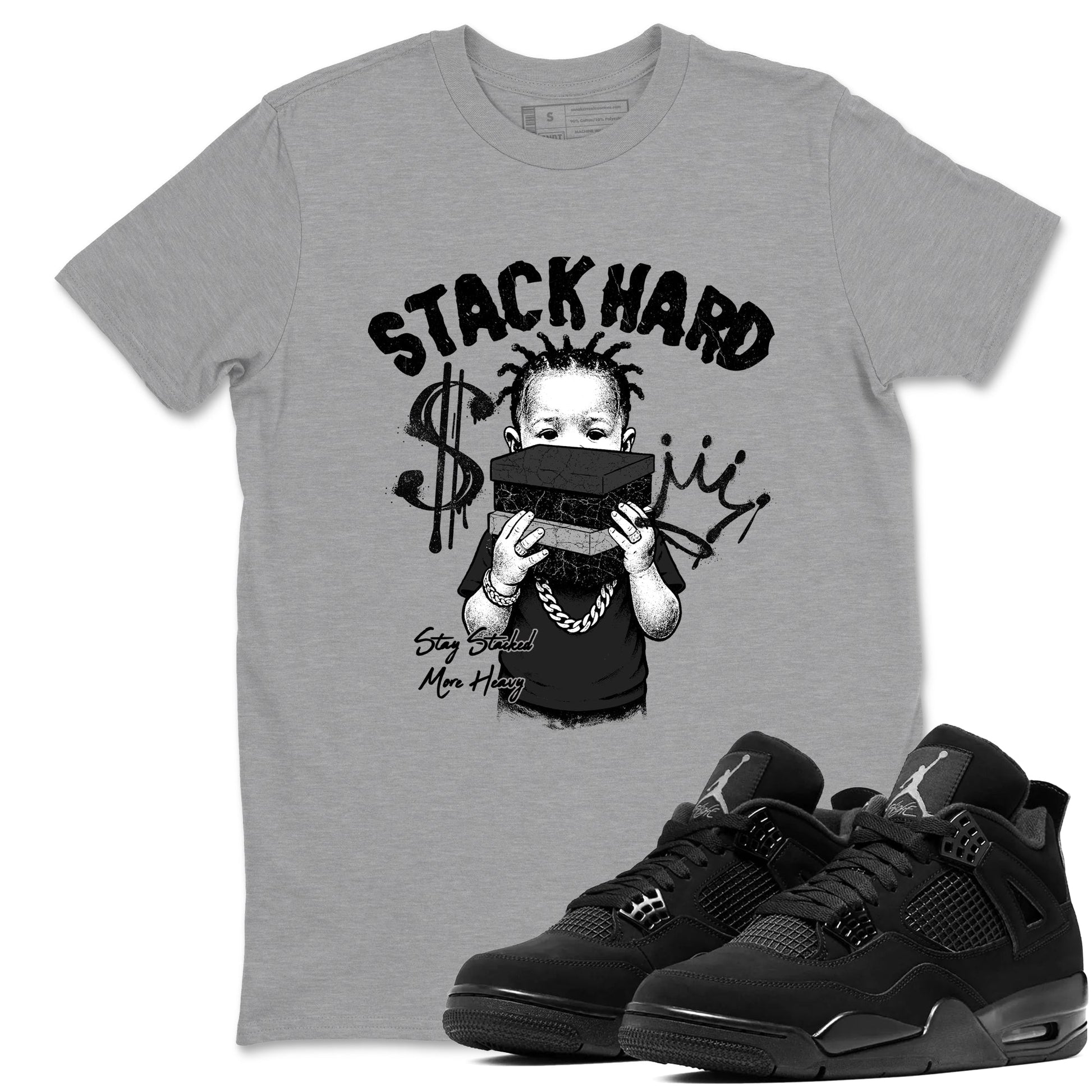 Sneaker match tees – Sneaker Tees To Match Air Jordan 4 Black Cat Shoes – Stack Hard Tee Heather Grey 1