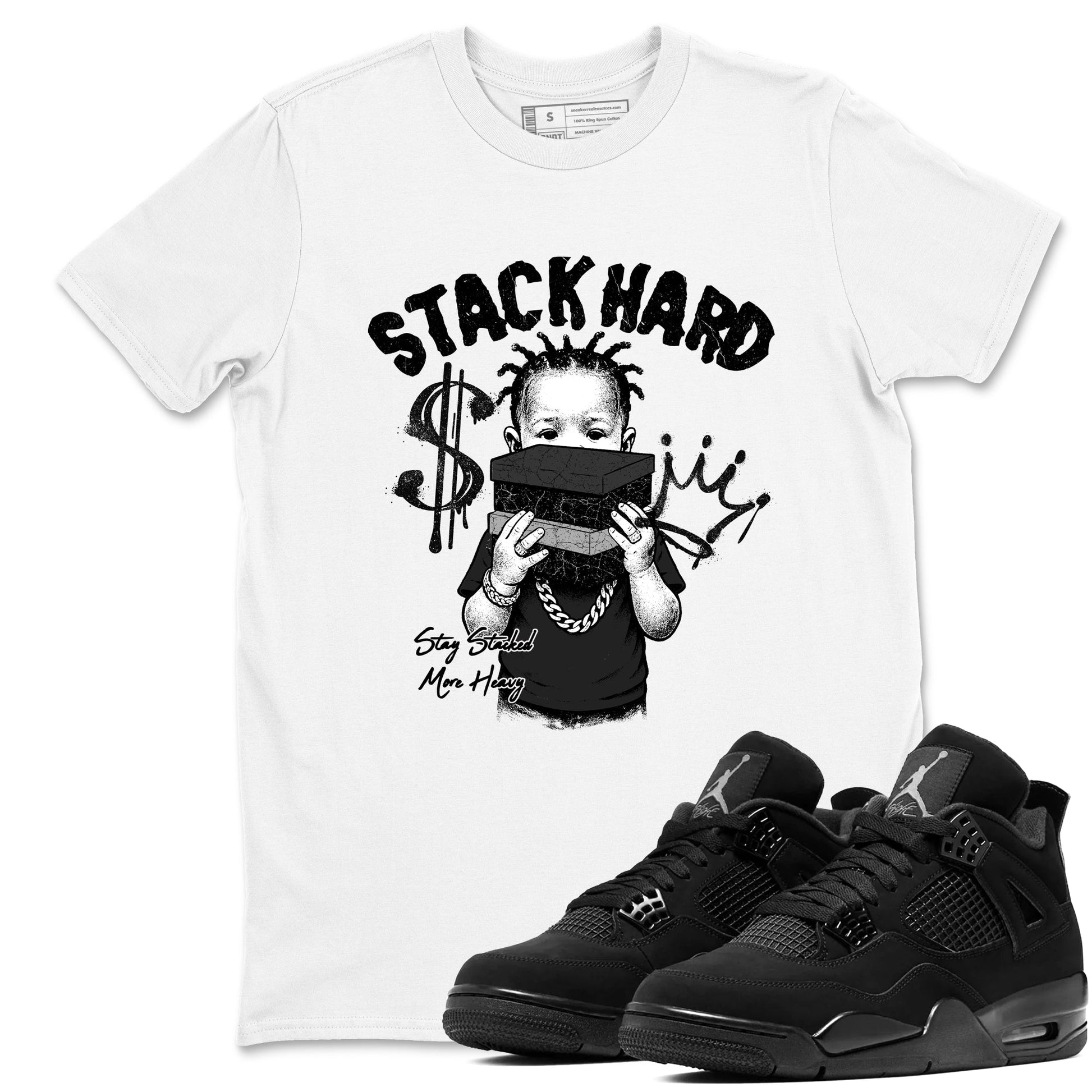 Sneaker match tees – Sneaker Tees To Match Air Jordan 4 Black Cat Shoes – Stack Hard Tee White 1