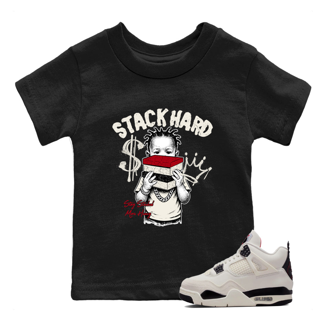 Sneaker match tees – Sneaker Tees To Match Air Jordan 4 Flight Club Shoes – Stack Hard Kids T-Shirt Black 1