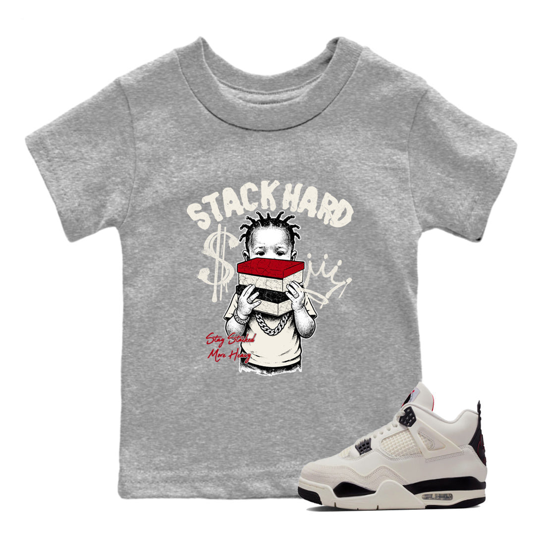 Sneaker match tees – Sneaker Tees To Match Air Jordan 4 Flight Club Shoes – Stack Hard Kids T-Shirt Heather Grey 1