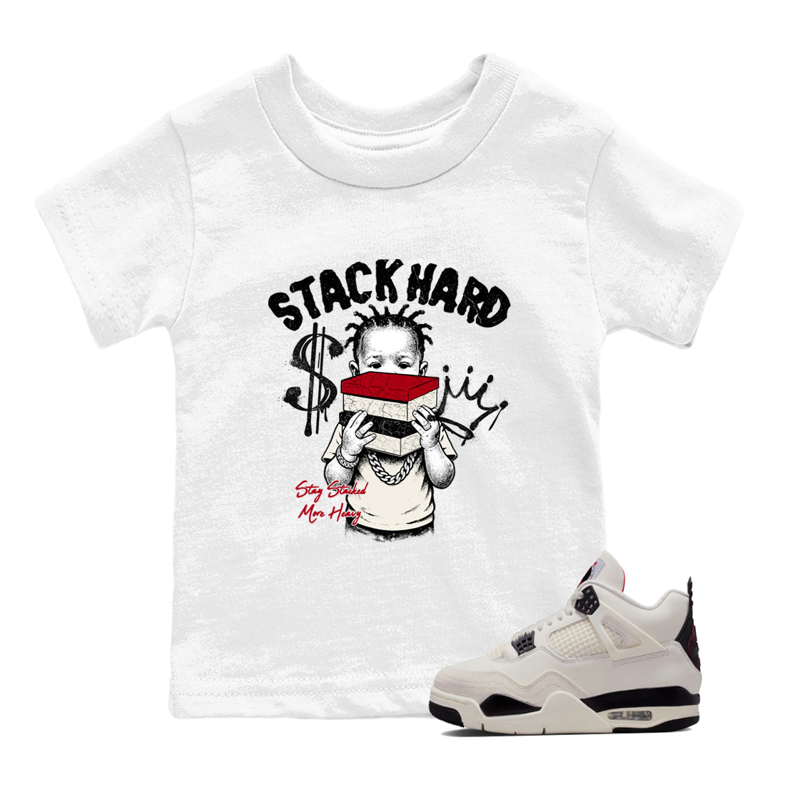 Sneaker match tees – Sneaker Tees To Match Air Jordan 4 Flight Club Shoes – Stack Hard Kids T-Shirt White 1