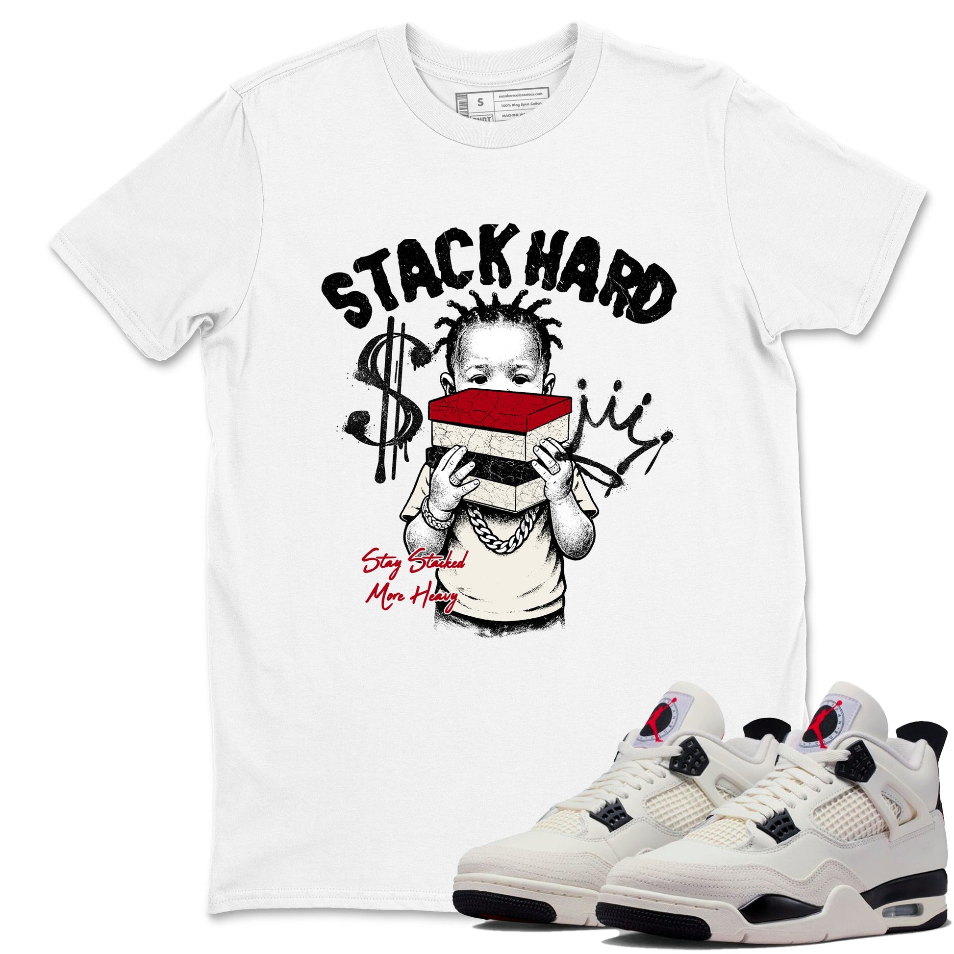 Sneaker match tees – Sneaker Tees To Match Air Jordan 4 Flight Club Shoes – Stack Hard Tee White 1
