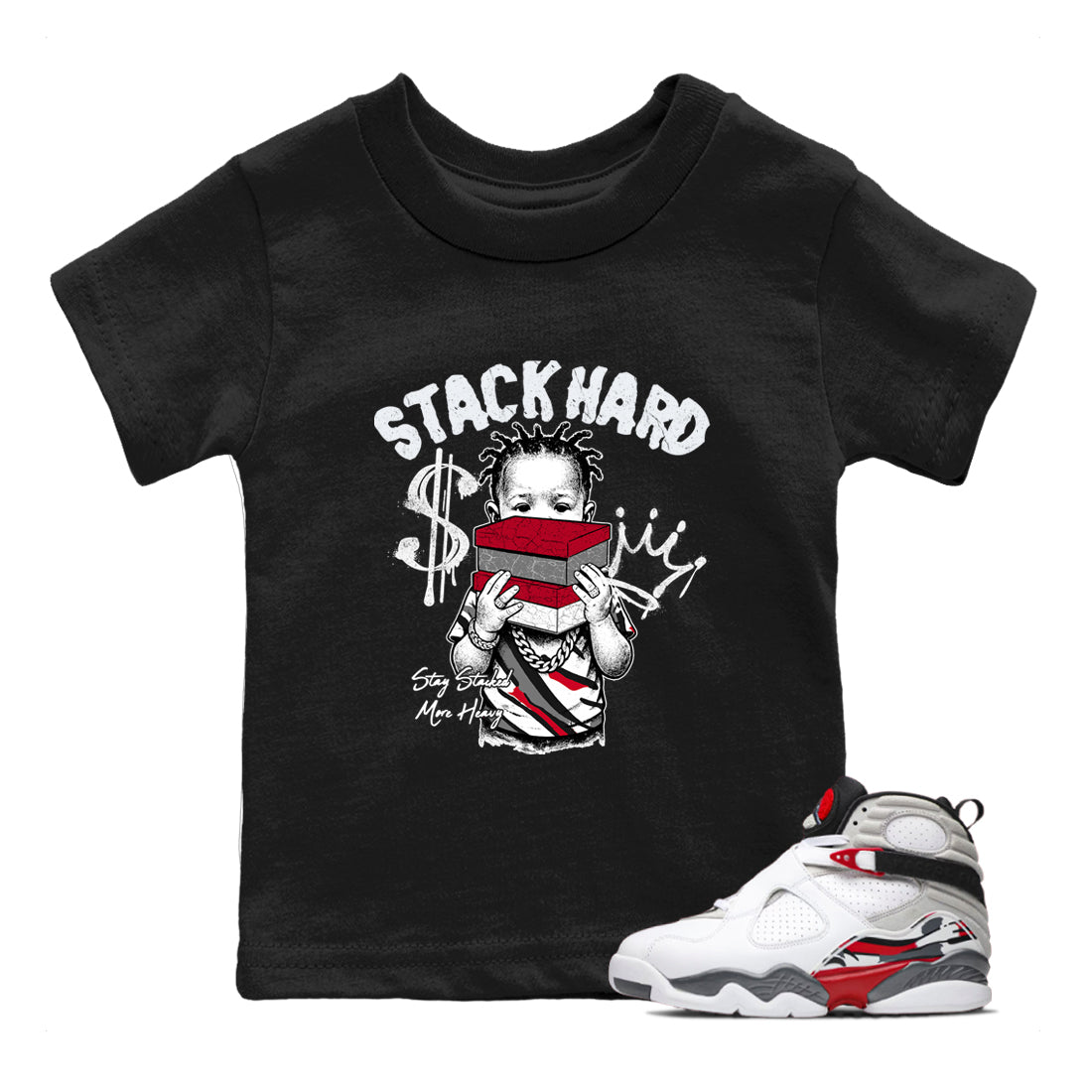 Sneaker match tees – Sneaker Tees To Match Air Jordan 8 Bunny Shoes Air Jordan 8 Bunny White and True Red – Stack Hard Kids T-Shirt Black 1