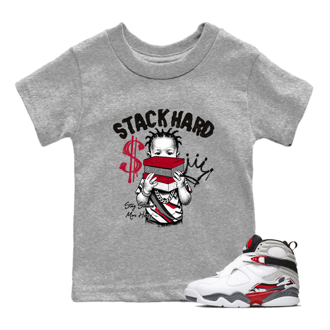 Sneaker match tees – Sneaker Tees To Match Air Jordan 8 Bunny Shoes Air Jordan 8 Bunny White and True Red – Stack Hard Kids T-Shirt Heather Grey 1