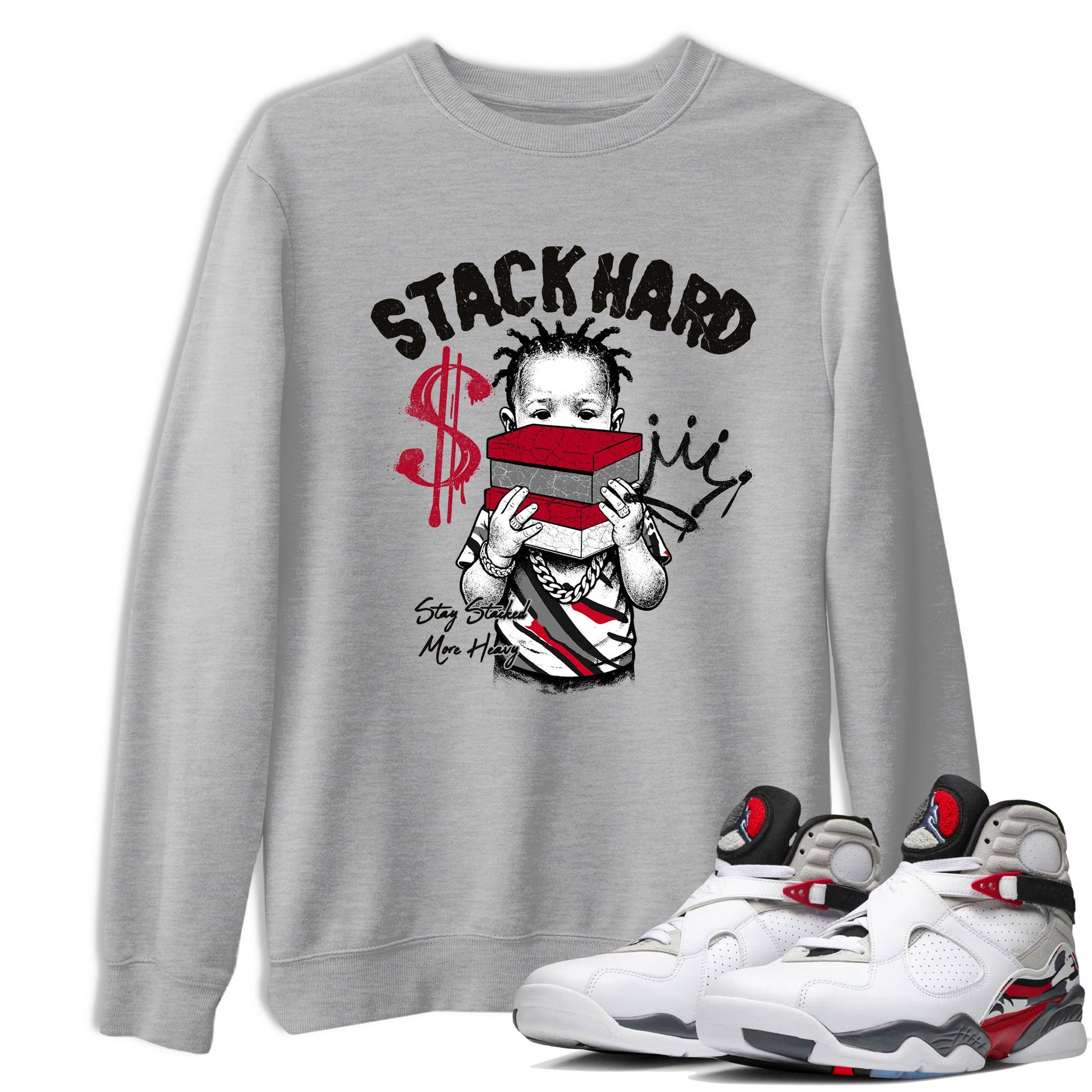 Sneaker match tees – Sneaker Tees To Match Air Jordan 8 Bunny Shoes Air Jordan 8 Bunny White and True Red – Stack Hard Tee Heather Grey 1
