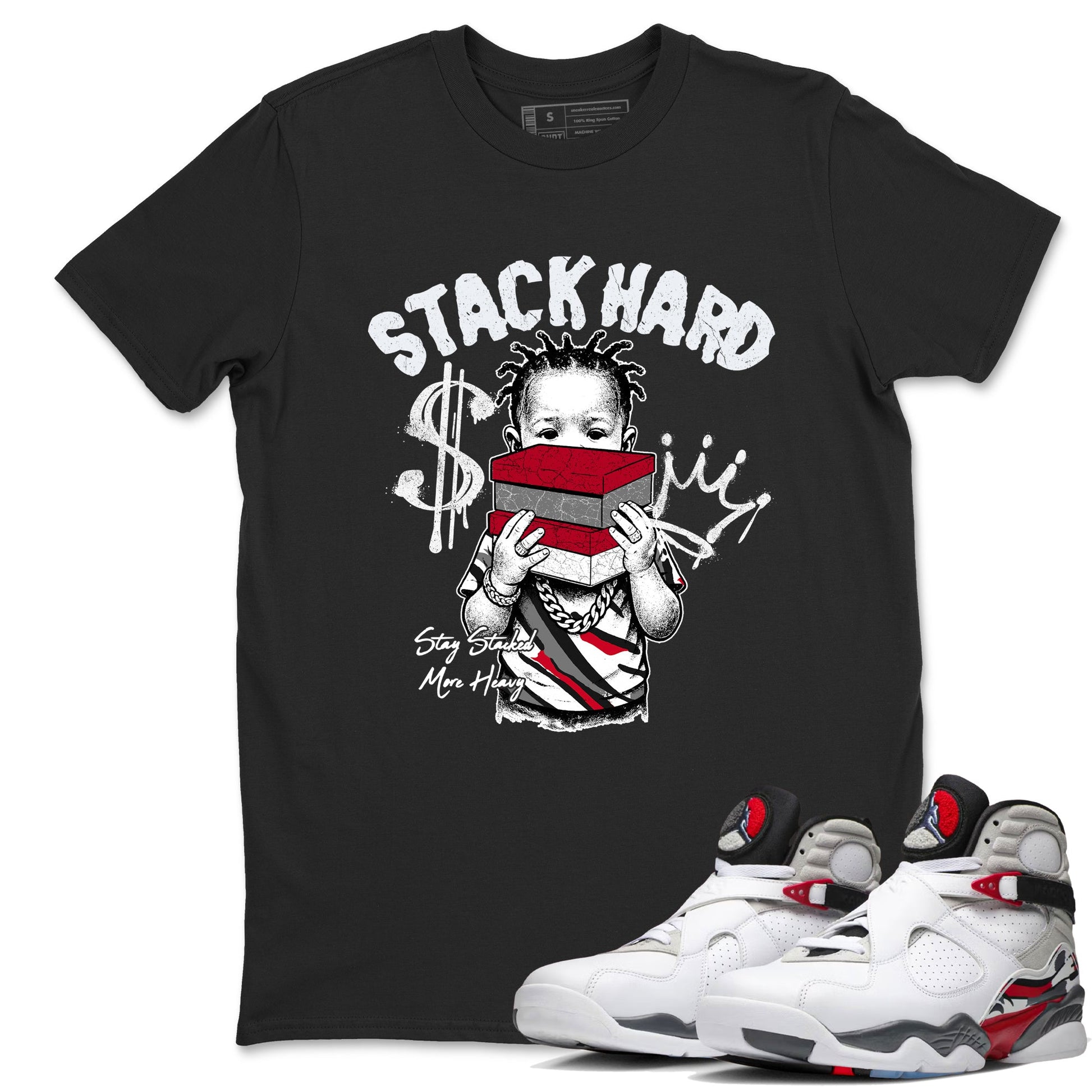 Sneaker match tees – Sneaker Tees To Match Air Jordan 8 Bunny Shoes Air Jordan 8 Bunny White and True Red – Stack Hard Tee Black 1