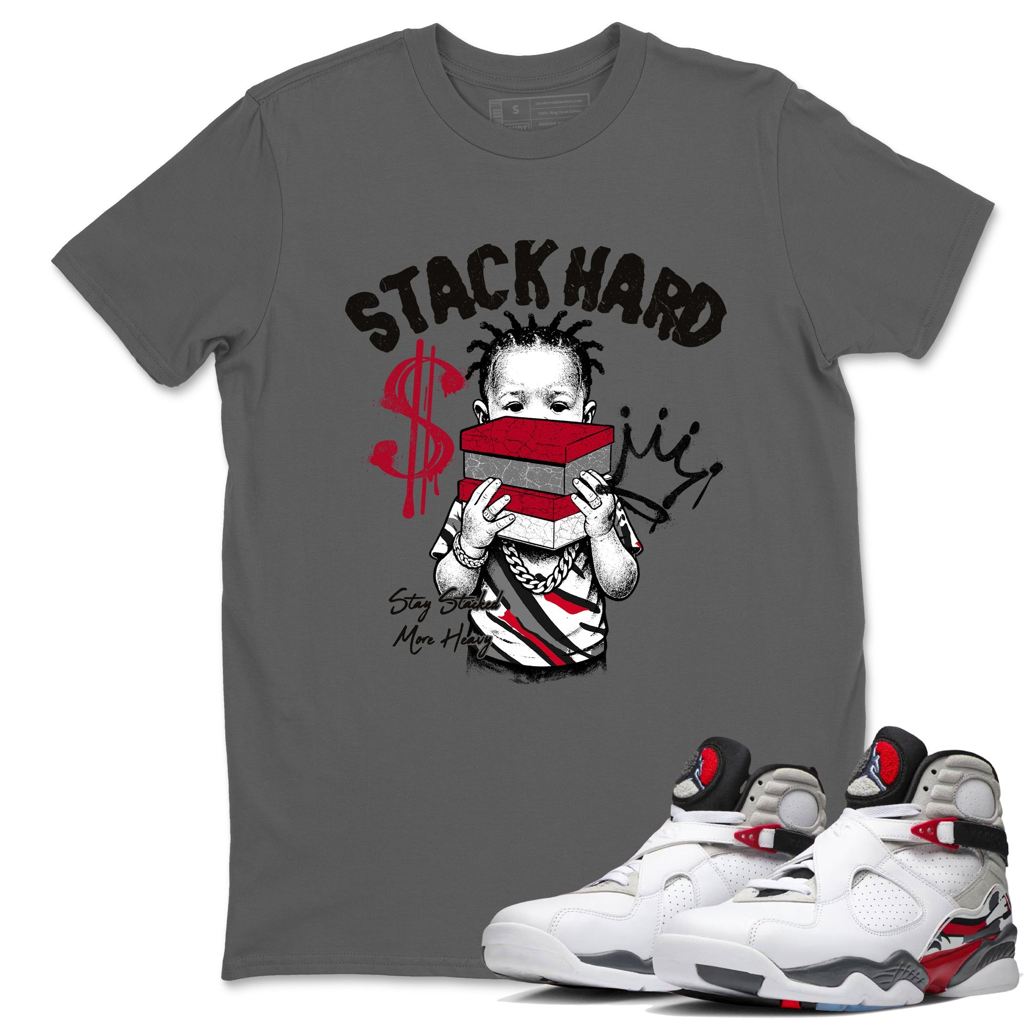 Sneaker match tees – Sneaker Tees To Match Air Jordan 8 Bunny Shoes Air Jordan 8 Bunny White and True Red – Stack Hard Tee Cool Grey 1