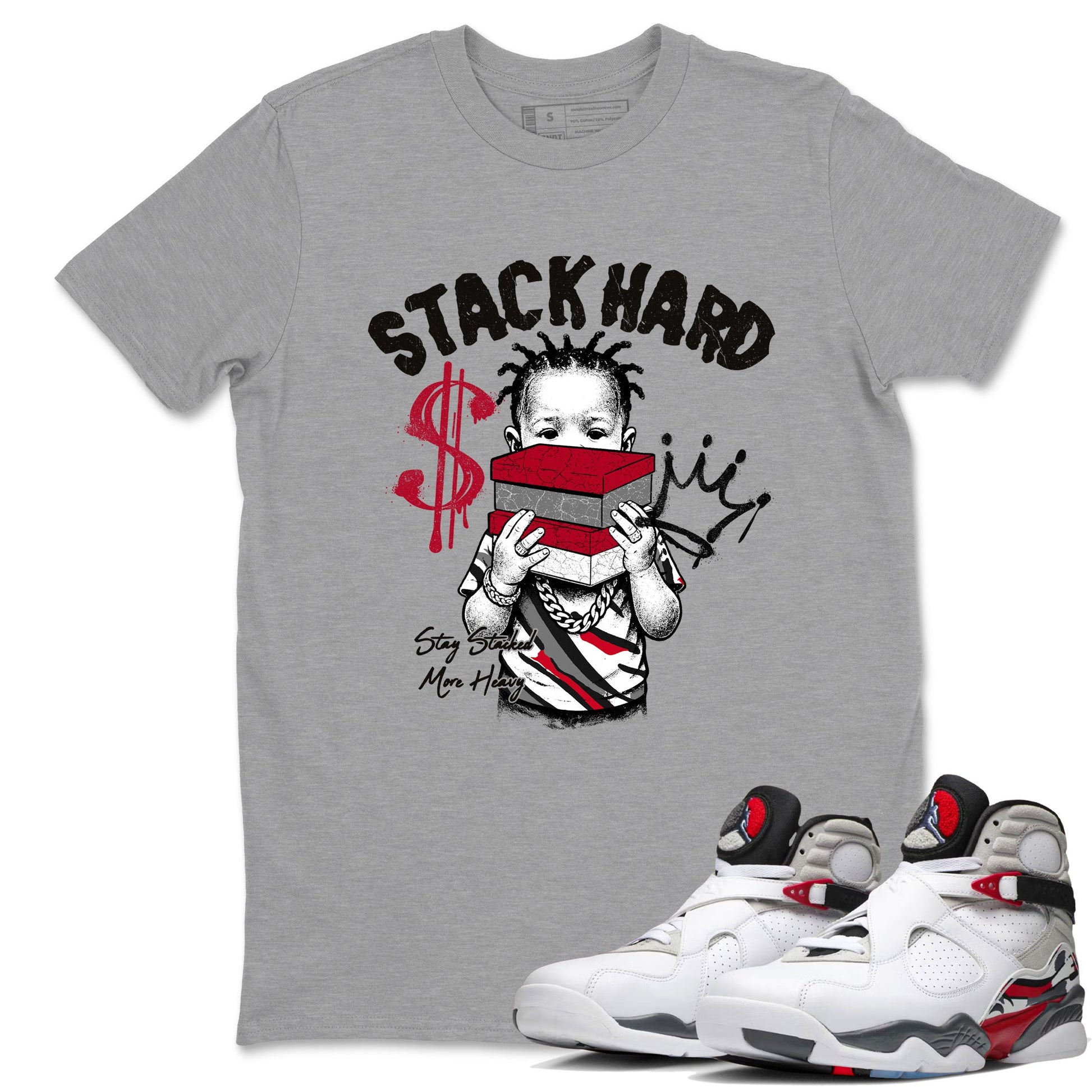 Sneaker match tees – Sneaker Tees To Match Air Jordan 8 Bunny Shoes Air Jordan 8 Bunny White and True Red – Stack Hard Tee Heather Grey 1