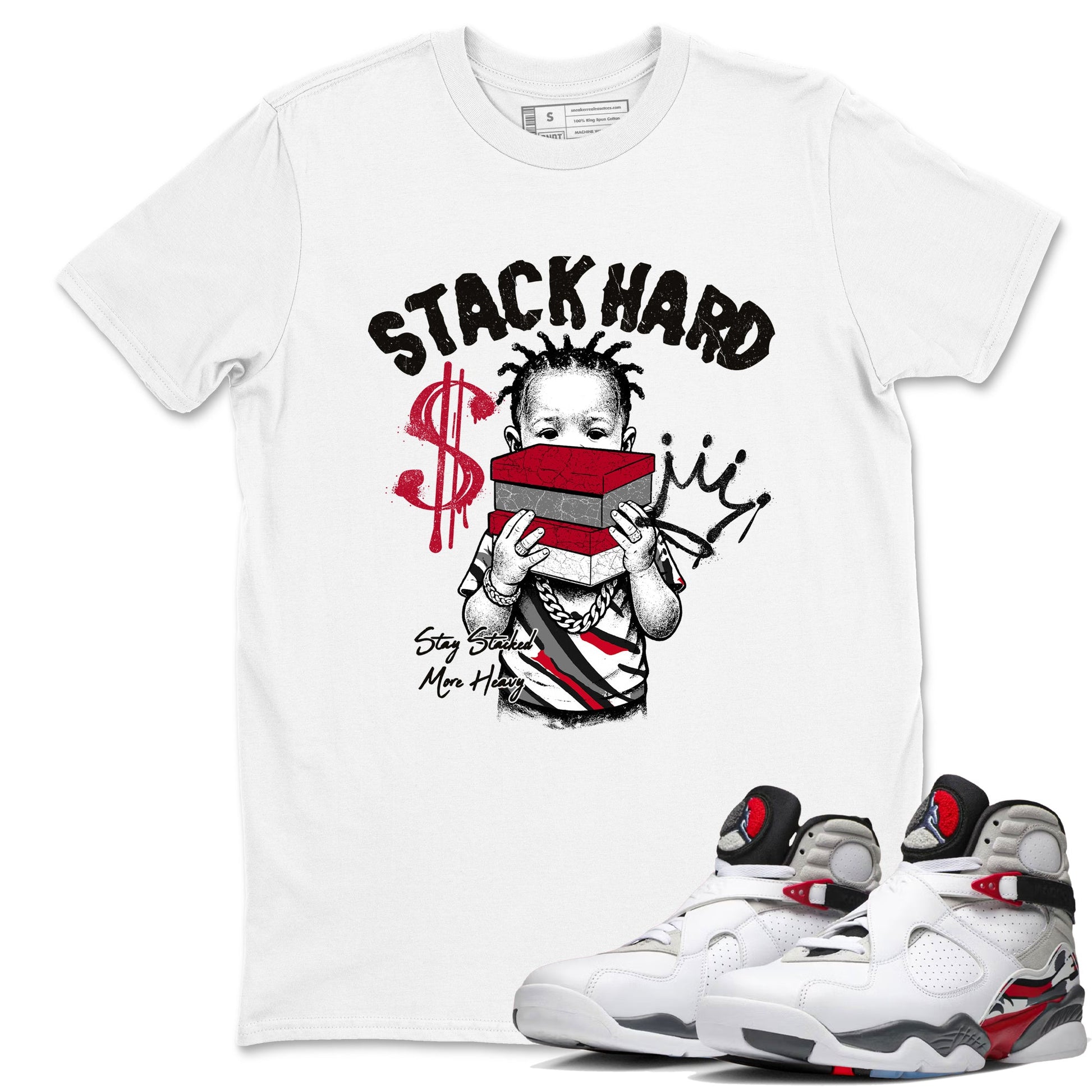 Sneaker match tees – Sneaker Tees To Match Air Jordan 8 Bunny Shoes Air Jordan 8 Bunny White and True Red – Stack Hard Tee White 1