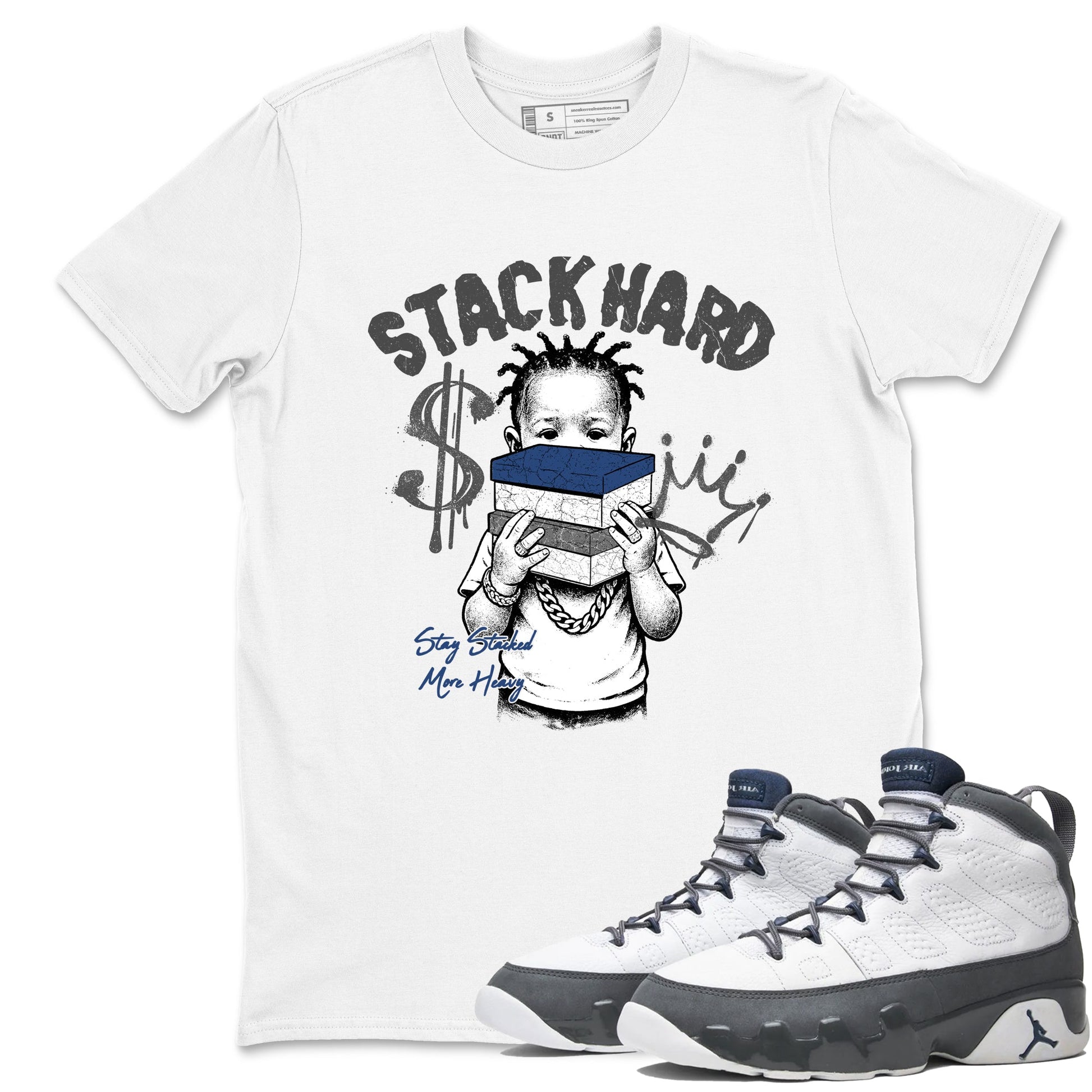Sneaker match tees – Sneaker Tees To Match Air Jordan 9 Flint Grey Shoes – Stack Hard Tee White 1