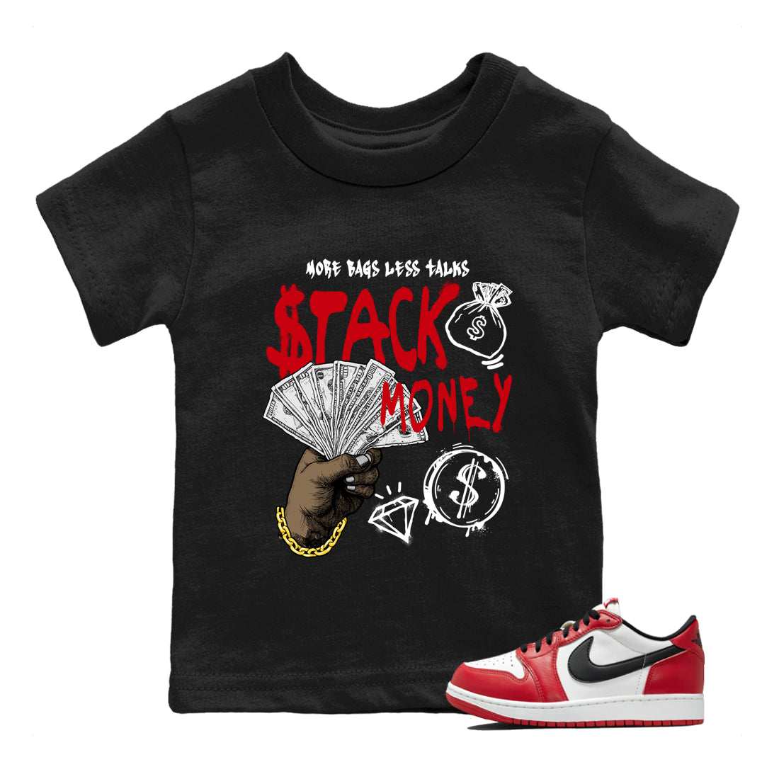 Sneaker match tees – Sneaker Tees To Match Air Jordan 1 Chicago Shoes – Stack Money Kids T-Shirt Black 1