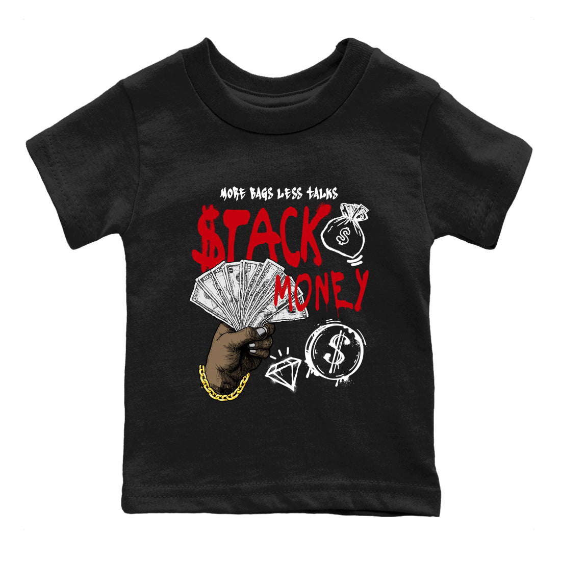Sneaker match tees – Sneaker Tees To Match Air Jordan 1 Chicago Shoes – Stack Money Kids T-Shirt Black 2