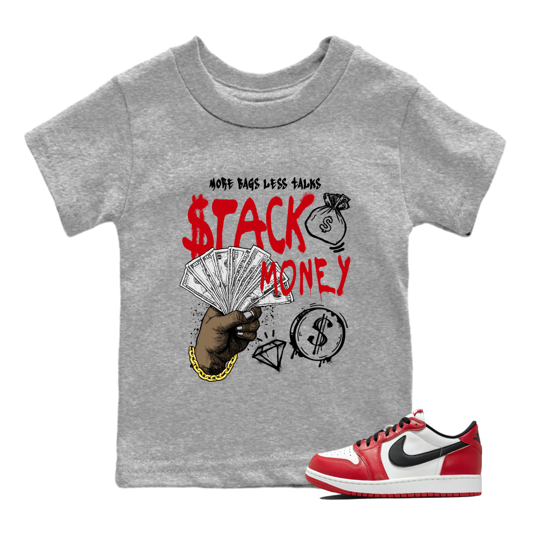Sneaker match tees – Sneaker Tees To Match Air Jordan 1 Chicago Shoes – Stack Money Kids T-Shirt Heather Grey 1