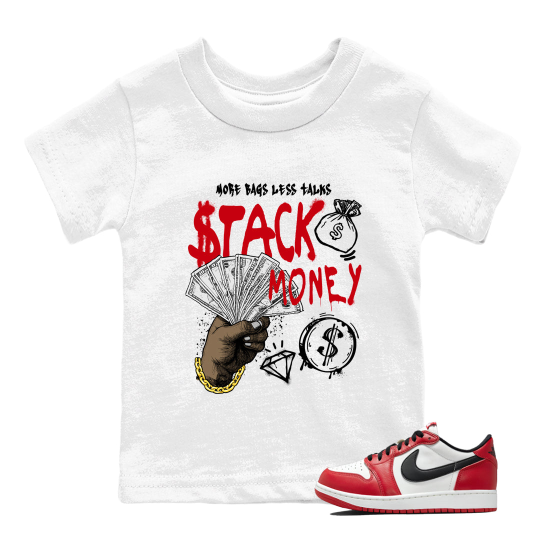 Sneaker match tees – Sneaker Tees To Match Air Jordan 1 Chicago Shoes – Stack Money Kids T-Shirt White 1