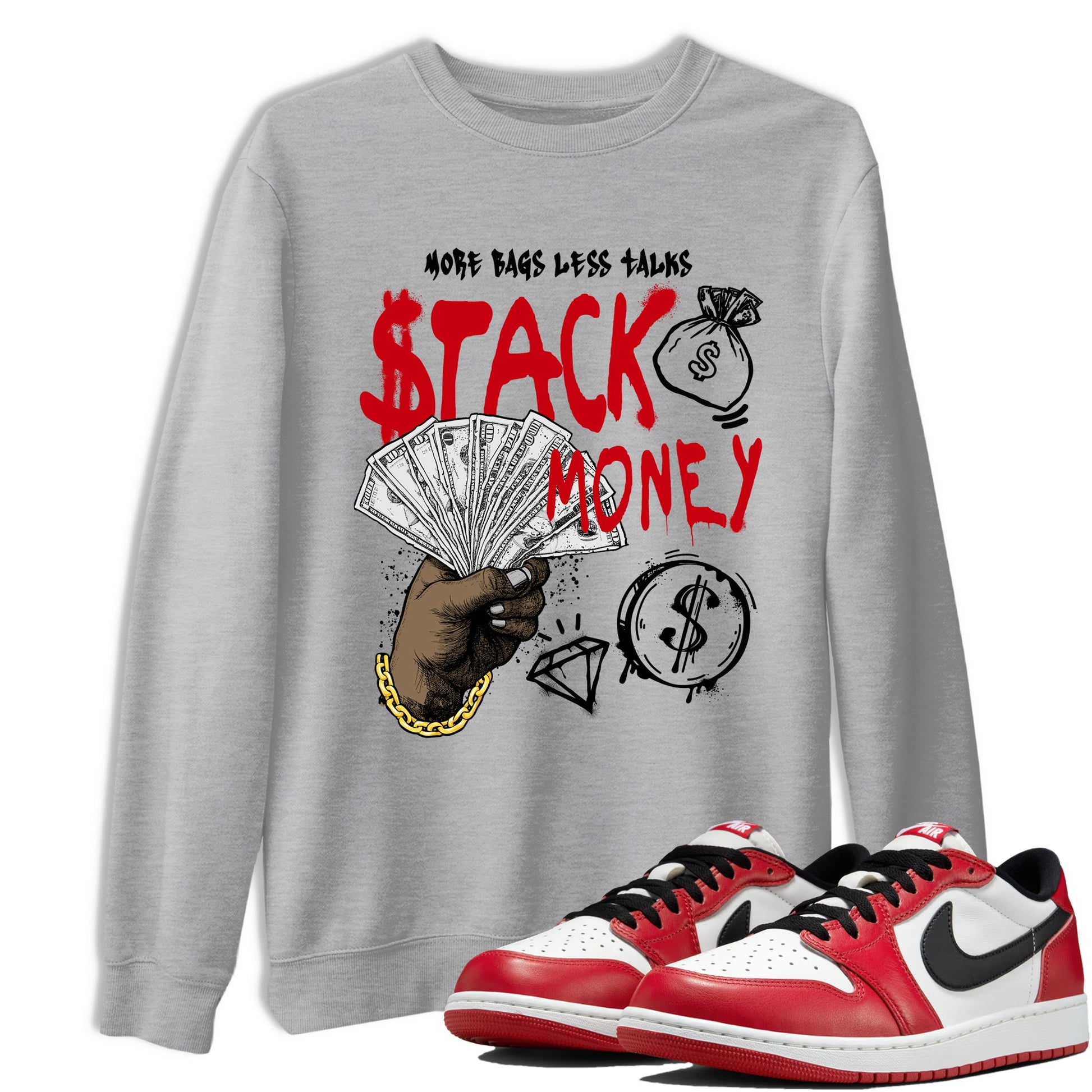 Sneaker match tees – Sneaker Tees To Match Air Jordan 1 Chicago Shoes – Stack Money Tee Heather Grey 1