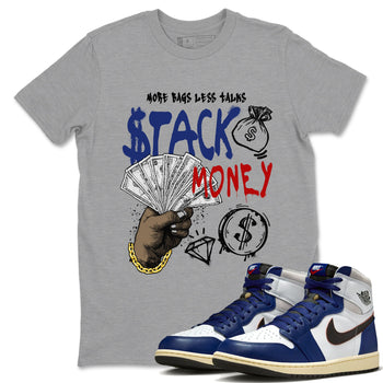 1s Rare Air shirts to match jordans Stack Money sneaker match tees Air Jordan 1 High OG Rare Air Deep Royal Blue match shoes to clothes SNRT Sneaker Tees unisex cotton Heather Grey 1 shirts