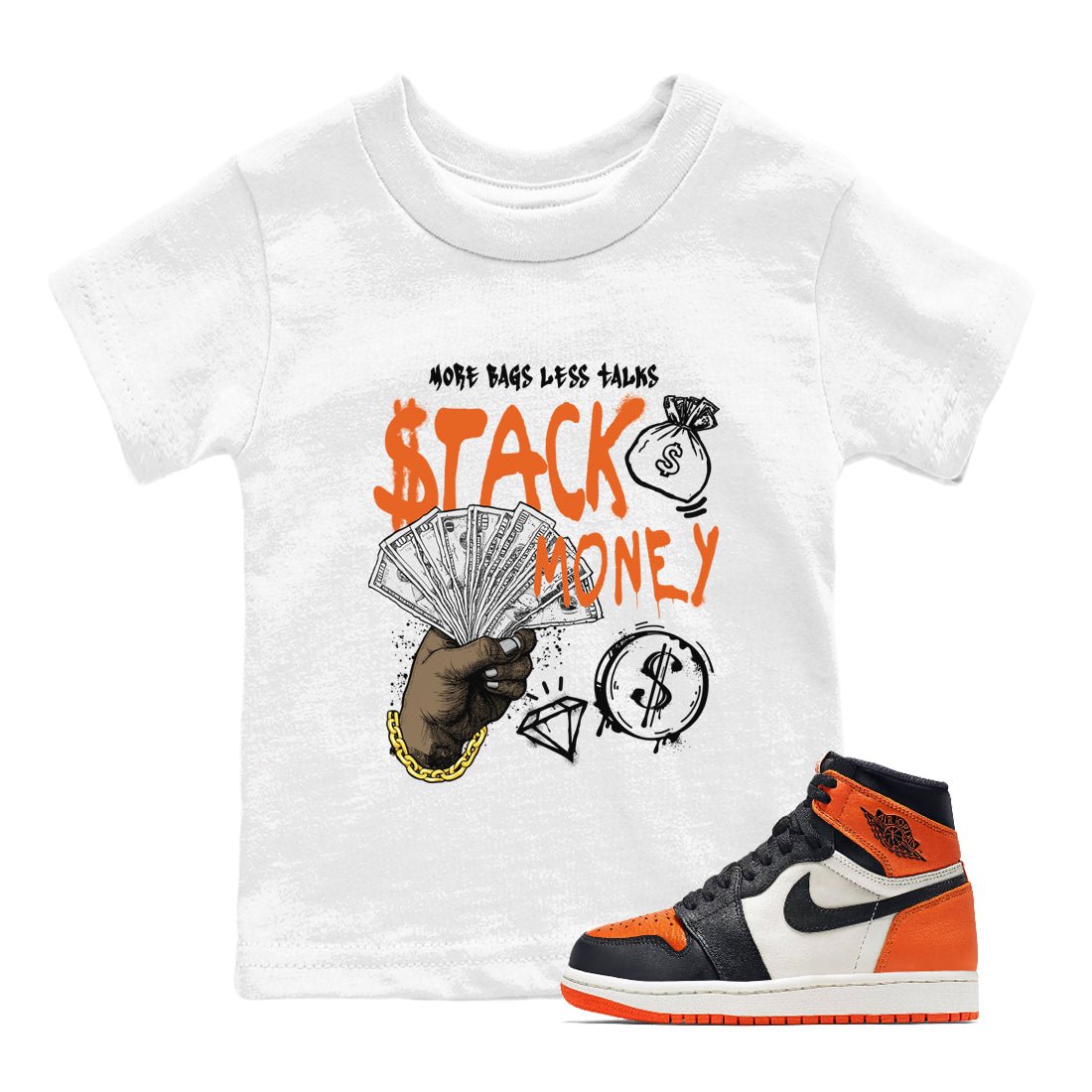 1s Shattered Backboard shirts to match jordans Stack Money sneaker match tees Air Jordan 1 Retro High OG Shattered Backboard match shoes to clothes SNRT Sneaker Tees Youth Baby White 1 tee