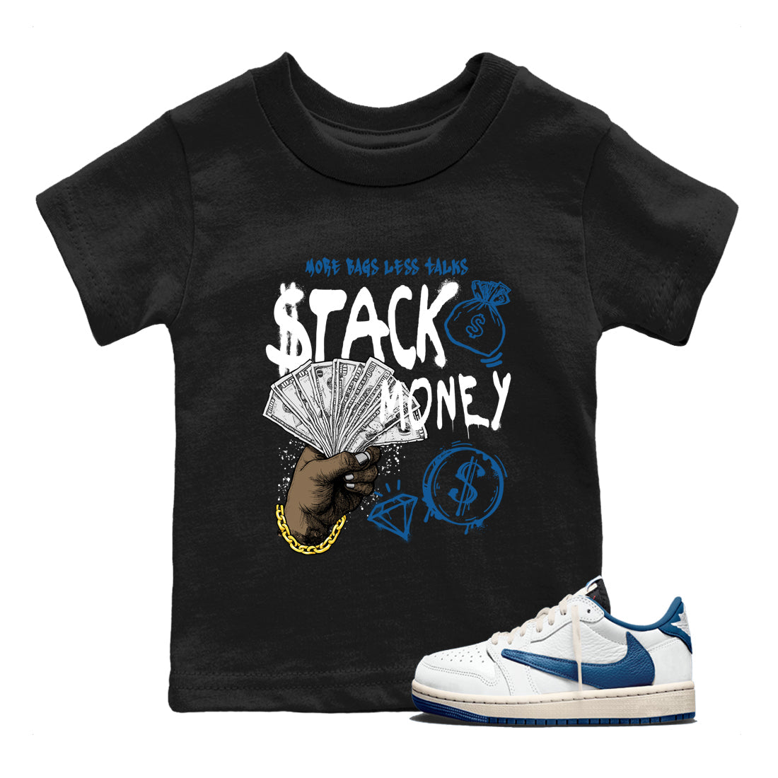 Sneaker Threads – Sneaker Threads To Match Air Jordan 1 Travis Scott Fragment Shoes – Stack Money Kids T-Shirt Black 1