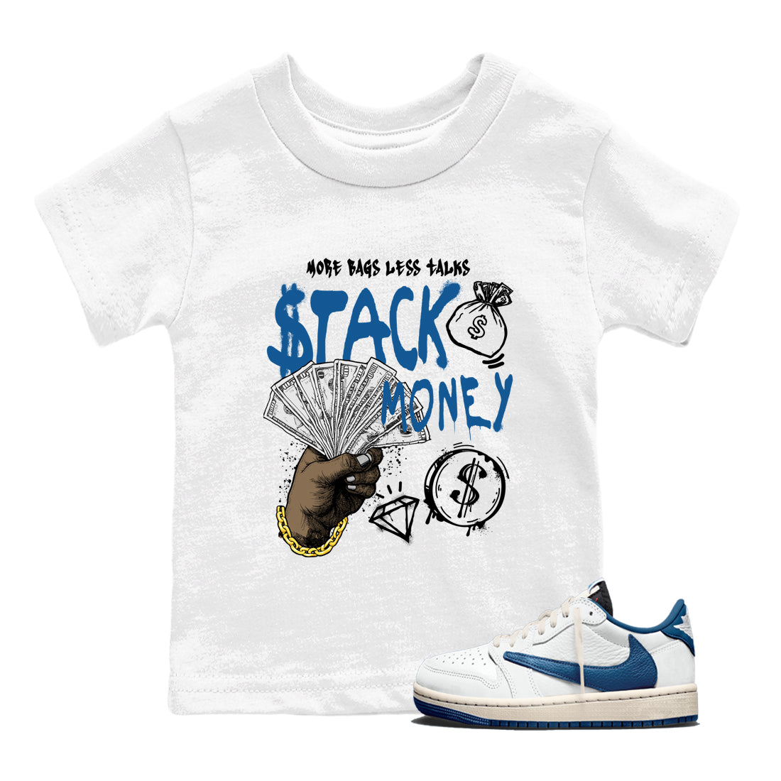 Sneaker Threads – Sneaker Threads To Match Air Jordan 1 Travis Scott Fragment Shoes – Stack Money Kids T-Shirt White 1