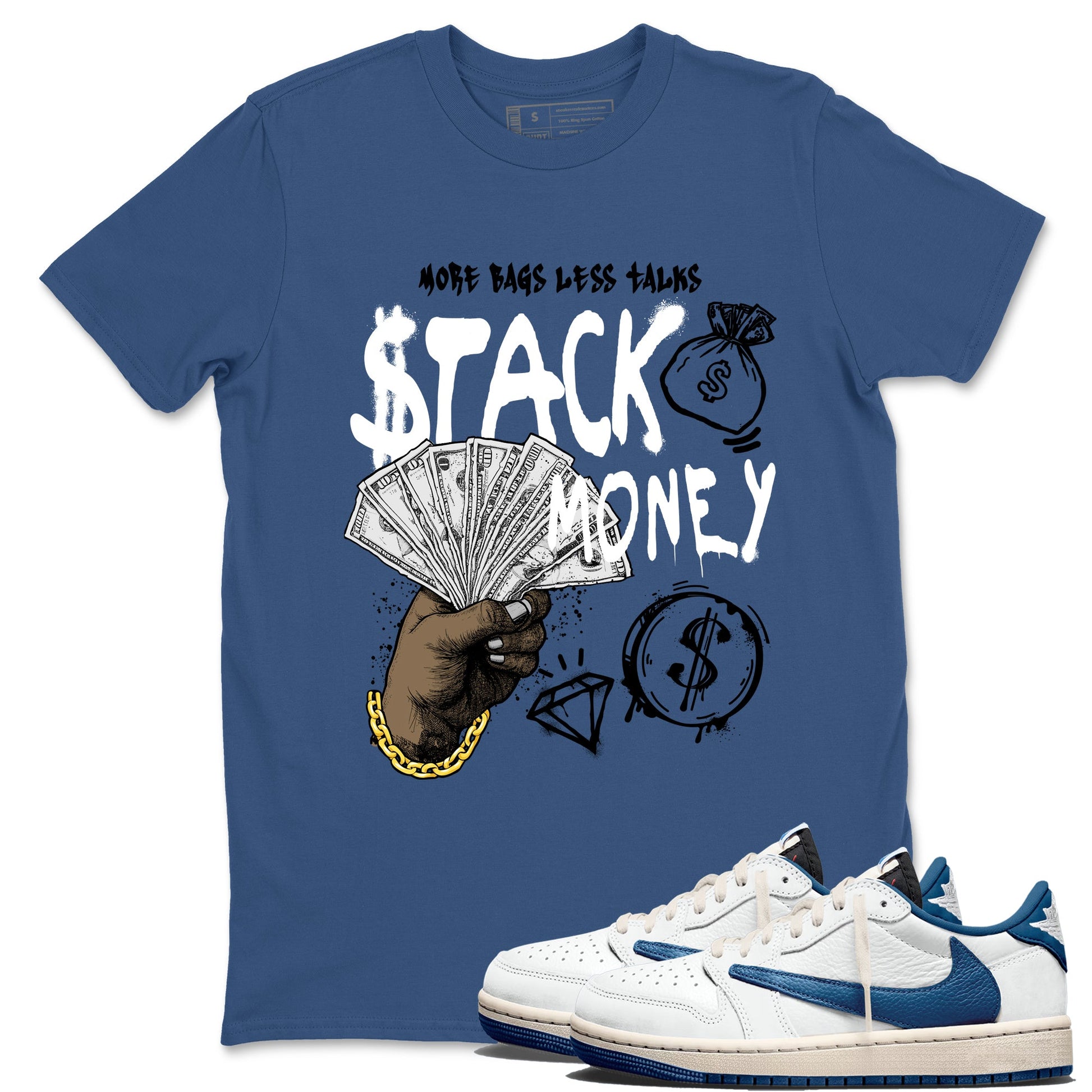 Sneaker Threads – Sneaker Threads To Match Air Jordan 1 Travis Scott Fragment Shoes – Stack Money Tee Denim Blue 1