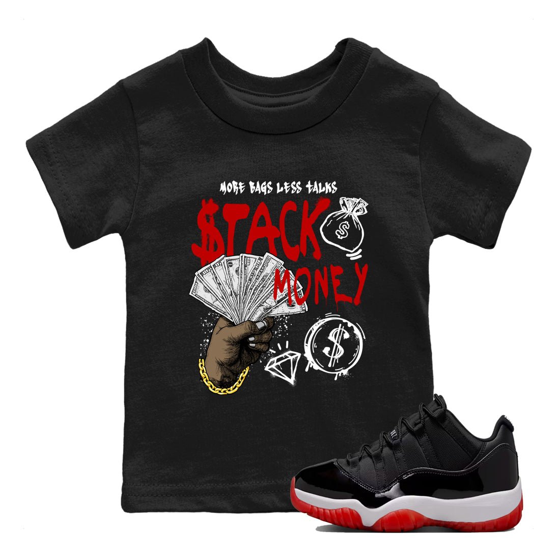 11s Bred shirts to match jordans Stack Money sneaker match tees Air Jordan 11 Retro Bred match shoes to clothes SNRT Sneaker Tees Youth Baby Black 1 tee