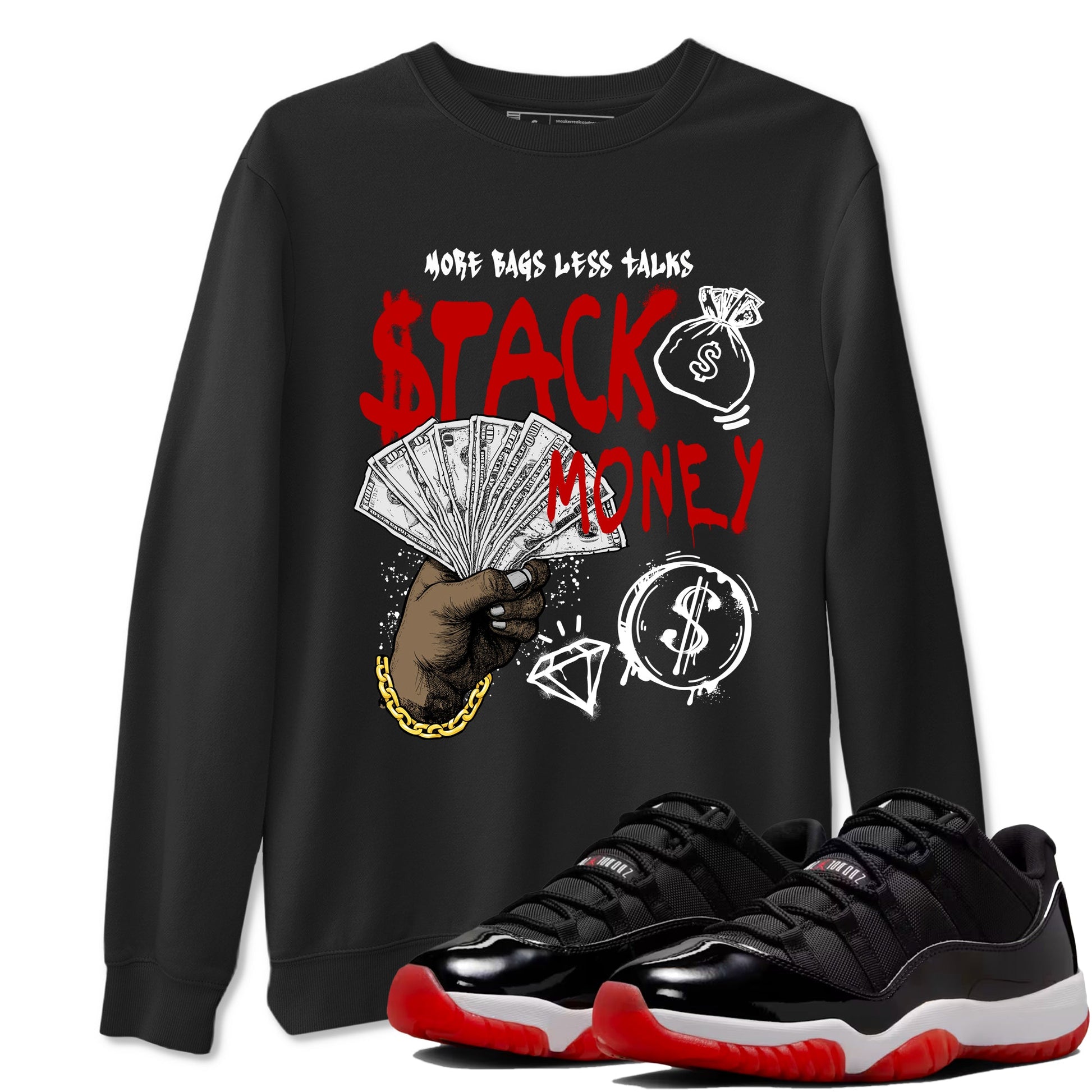 11s Bred shirts to match jordans Stack Money sneaker match tees Air Jordan 11 Retro Bred match shoes to clothes SNRT Sneaker Tees unisex cotton Black 1 shirts