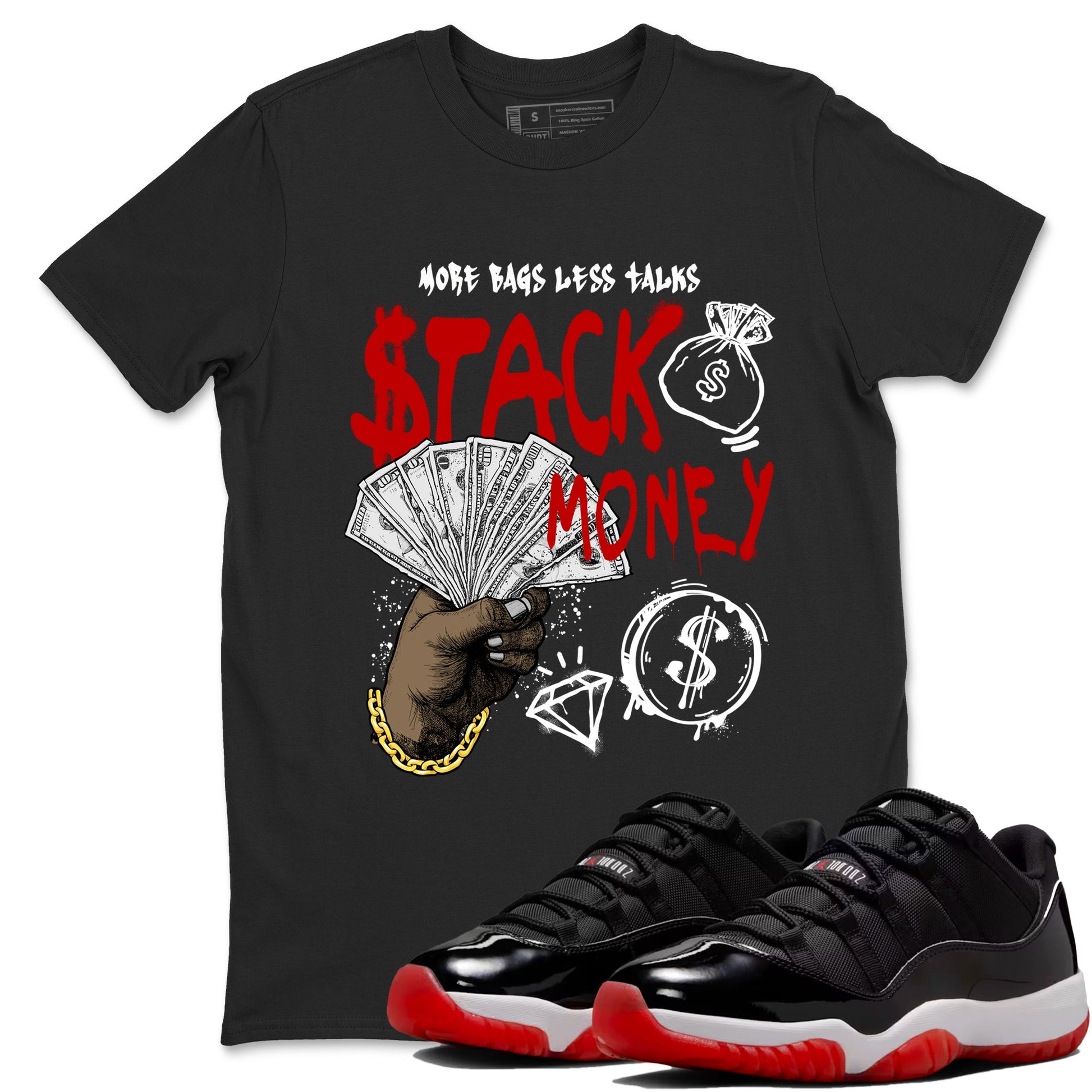 11s Bred shirts to match jordans Stack Money sneaker match tees Air Jordan 11 Retro Bred match shoes to clothes SNRT Sneaker Tees unisex cotton Black 1 shirts