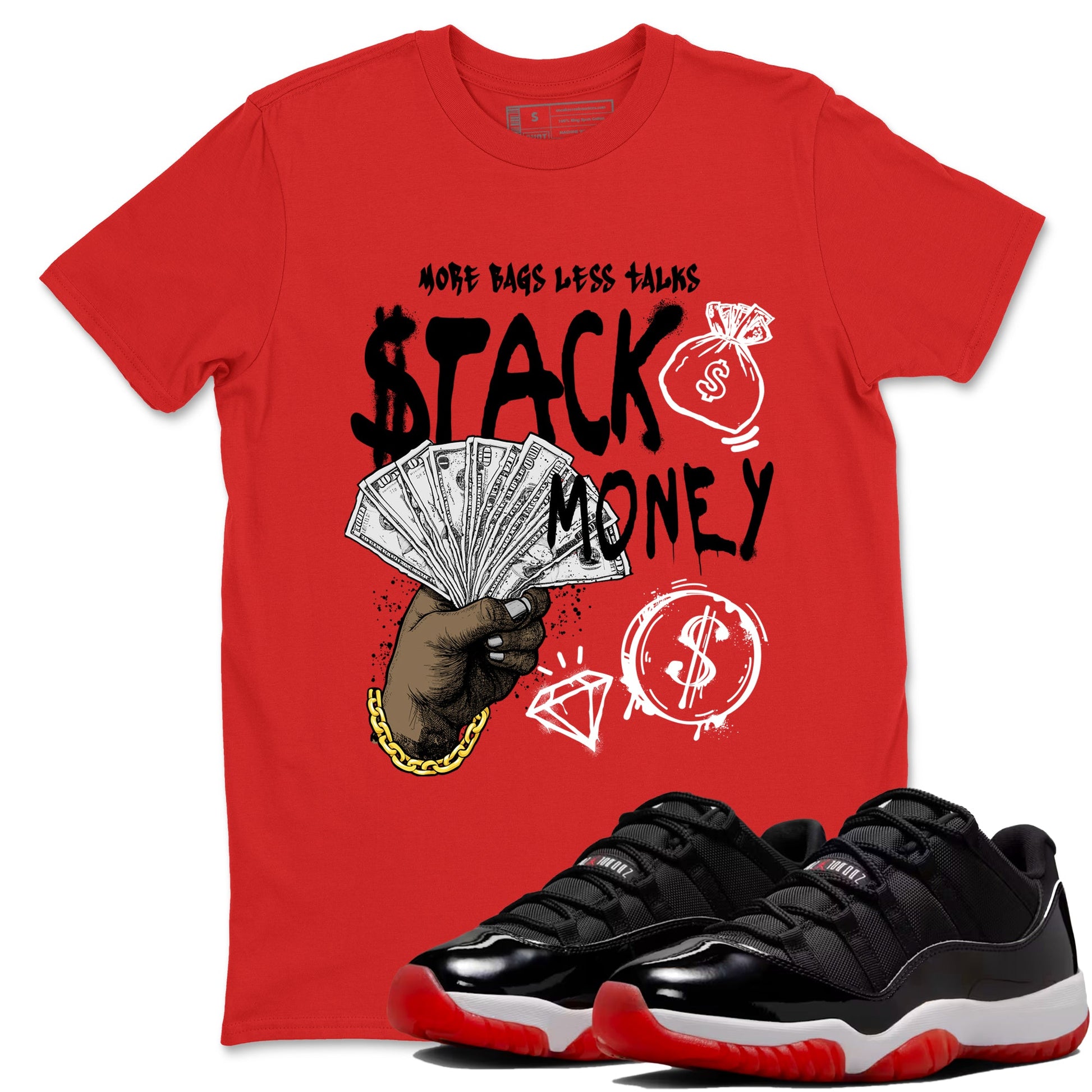 11s Bred shirts to match jordans Stack Money sneaker match tees Air Jordan 11 Retro Bred match shoes to clothes SNRT Sneaker Tees unisex cotton Red 1 shirts