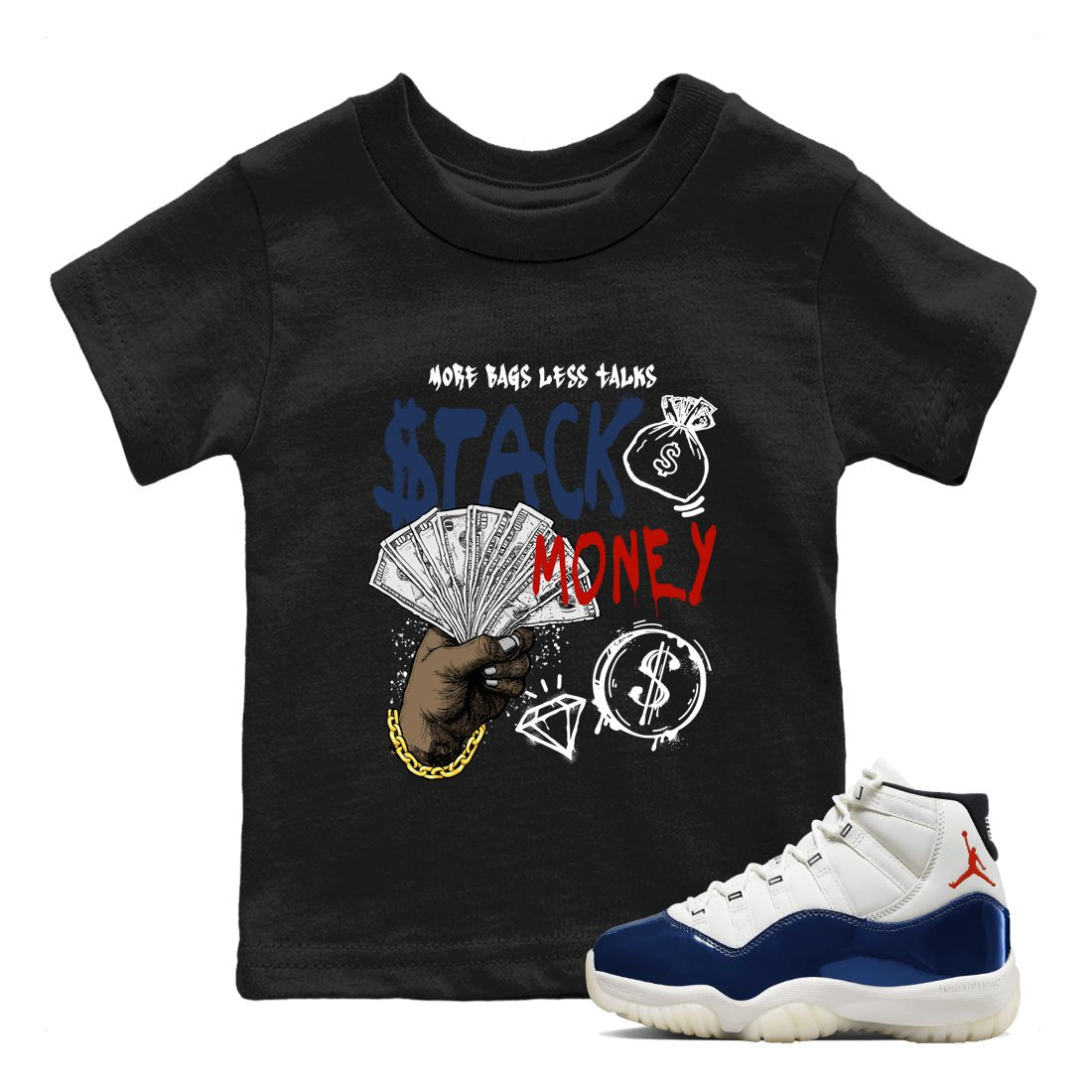 Sneaker match tees – Sneaker Tees To Match Air Jordan 11 Rare Air Shoes – Stack Money Kids T-Shirt Black 1