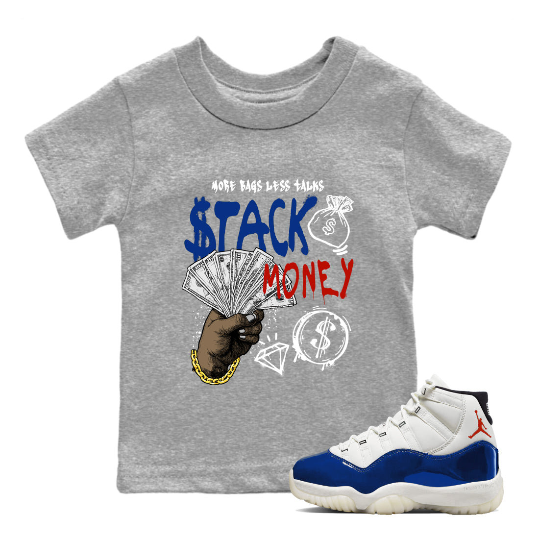 Gray t-shirt with 'Stack Money' graphic and a white and blue sneaker.