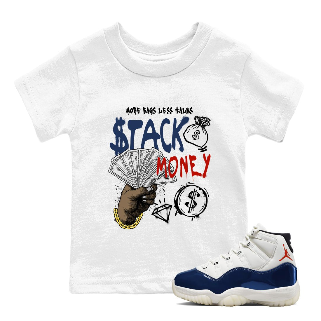 Sneaker match tees – Sneaker Tees To Match Air Jordan 11 Rare Air Shoes – Stack Money Kids T-Shirt White 1