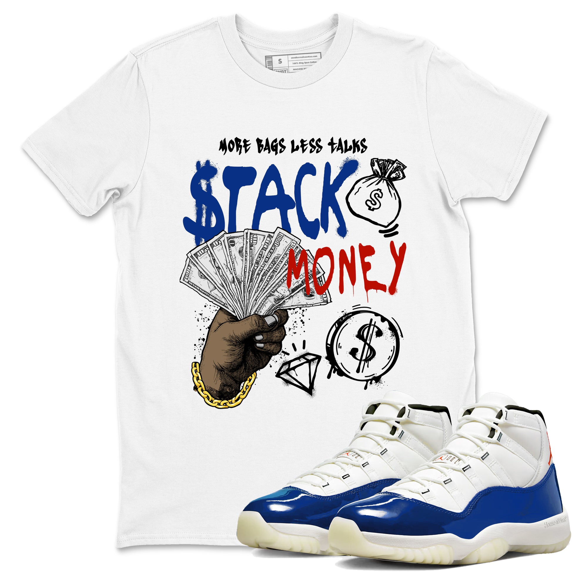 White t-shirt with graphic design and blue and white sneakers on a white background