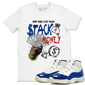White t-shirt with graphic design and blue and white sneakers on a white background
