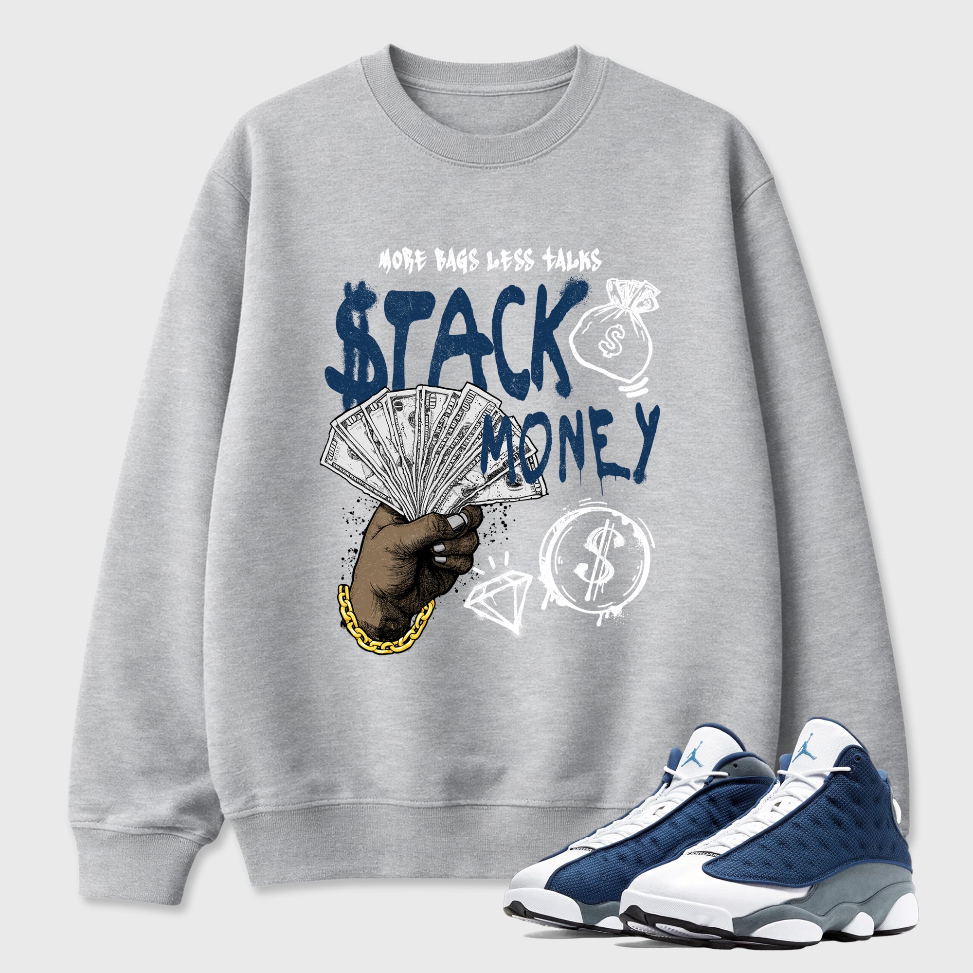 Stack Money Graphic T-Shirt featuring original streetwear artwork designed to match the Air Jordan 13 Flint. Heather Grey 1 Graphic Tee.