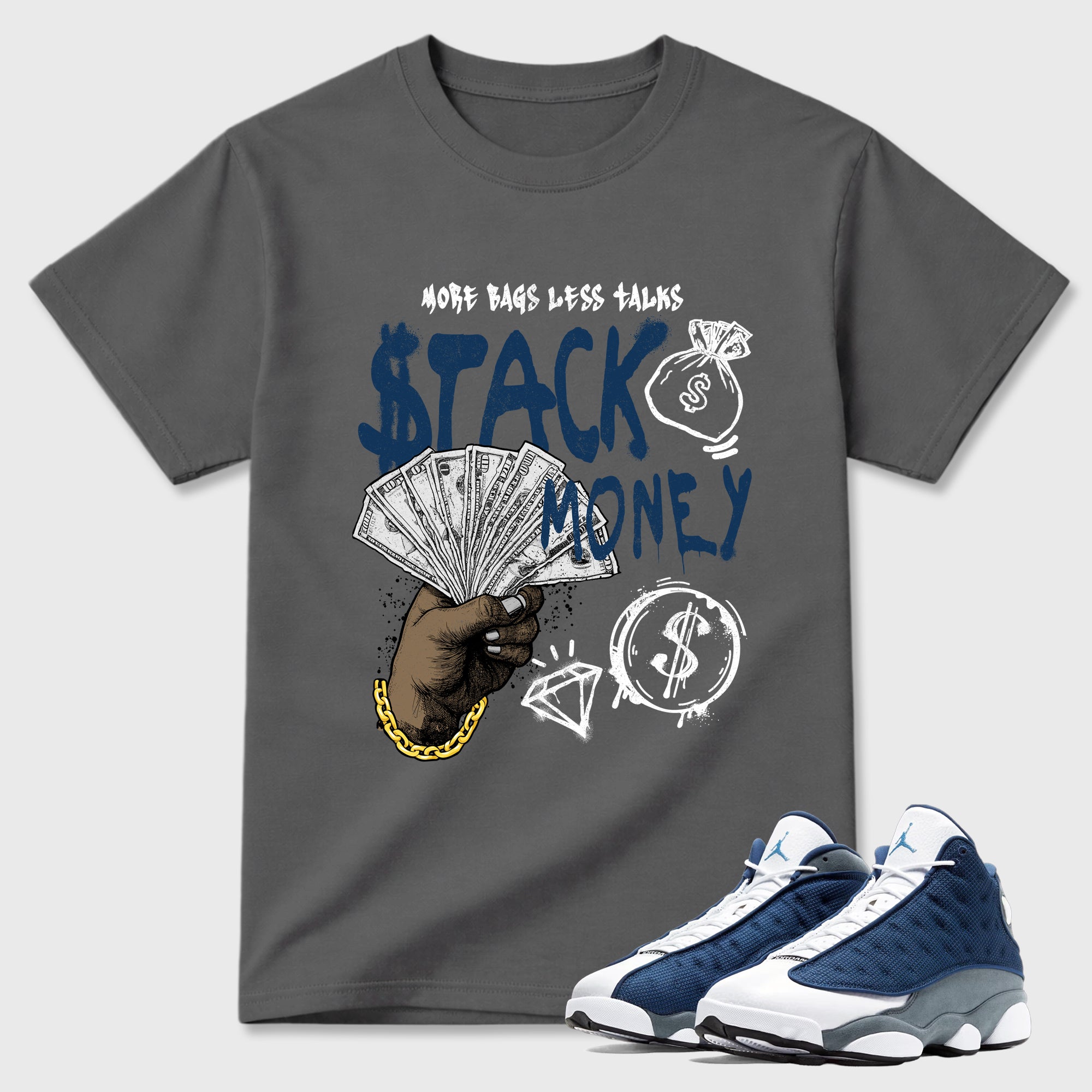 Stack Money Graphic T-Shirt featuring original streetwear artwork designed to match the Air Jordan 13 Flint. Cool Grey 1 Graphic T-Shirt.