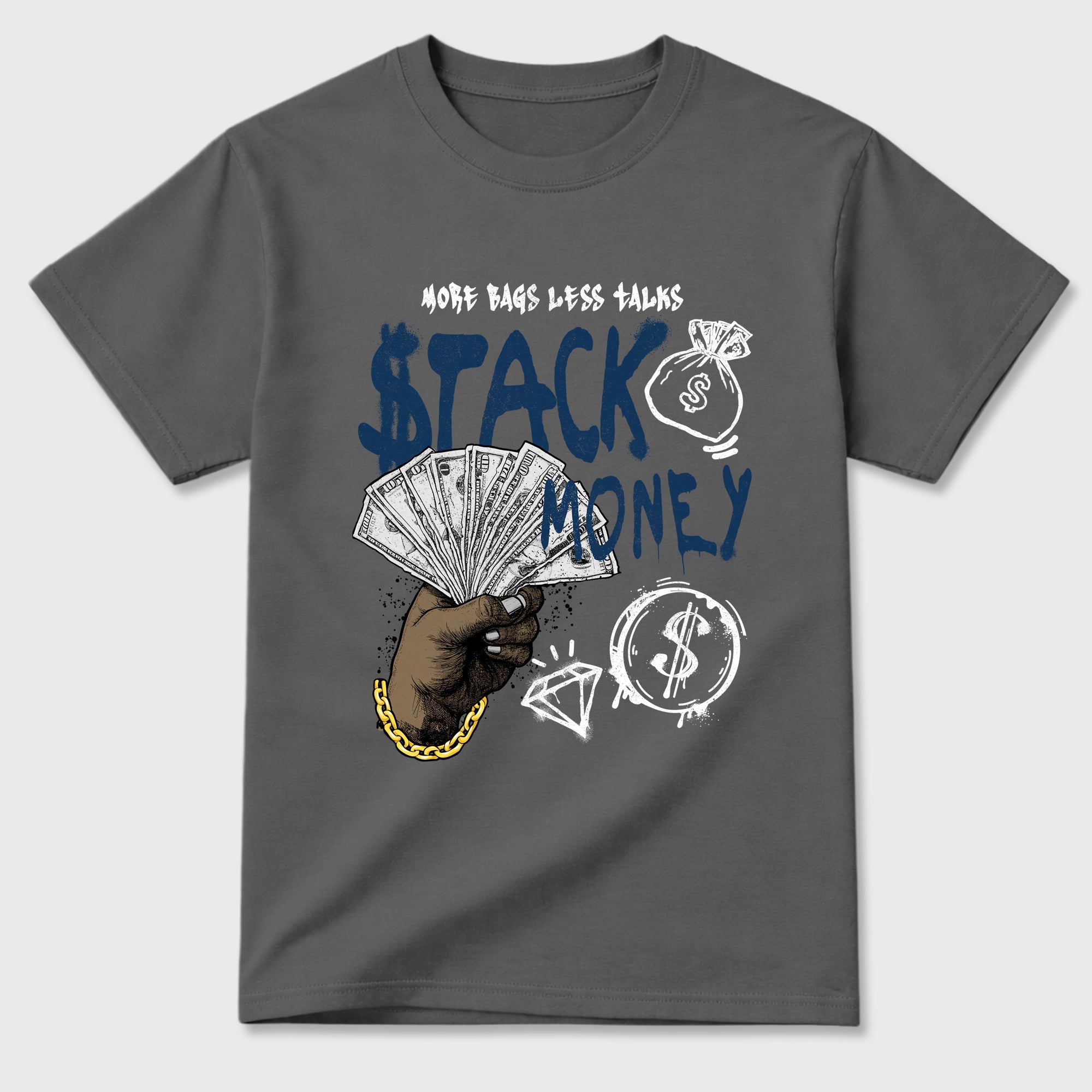Stack Money Graphic T-Shirt featuring original streetwear artwork designed to match the Air Jordan 13 Flint. Cool Grey 2 Graphic T-Shirt.