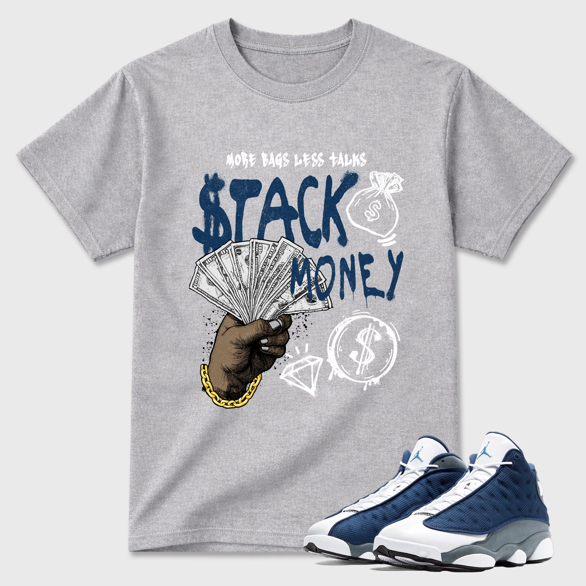 Stack Money Graphic T-Shirt featuring original streetwear artwork designed to match the Air Jordan 13 Flint. Heather Grey 1 Graphic T-Shirt.