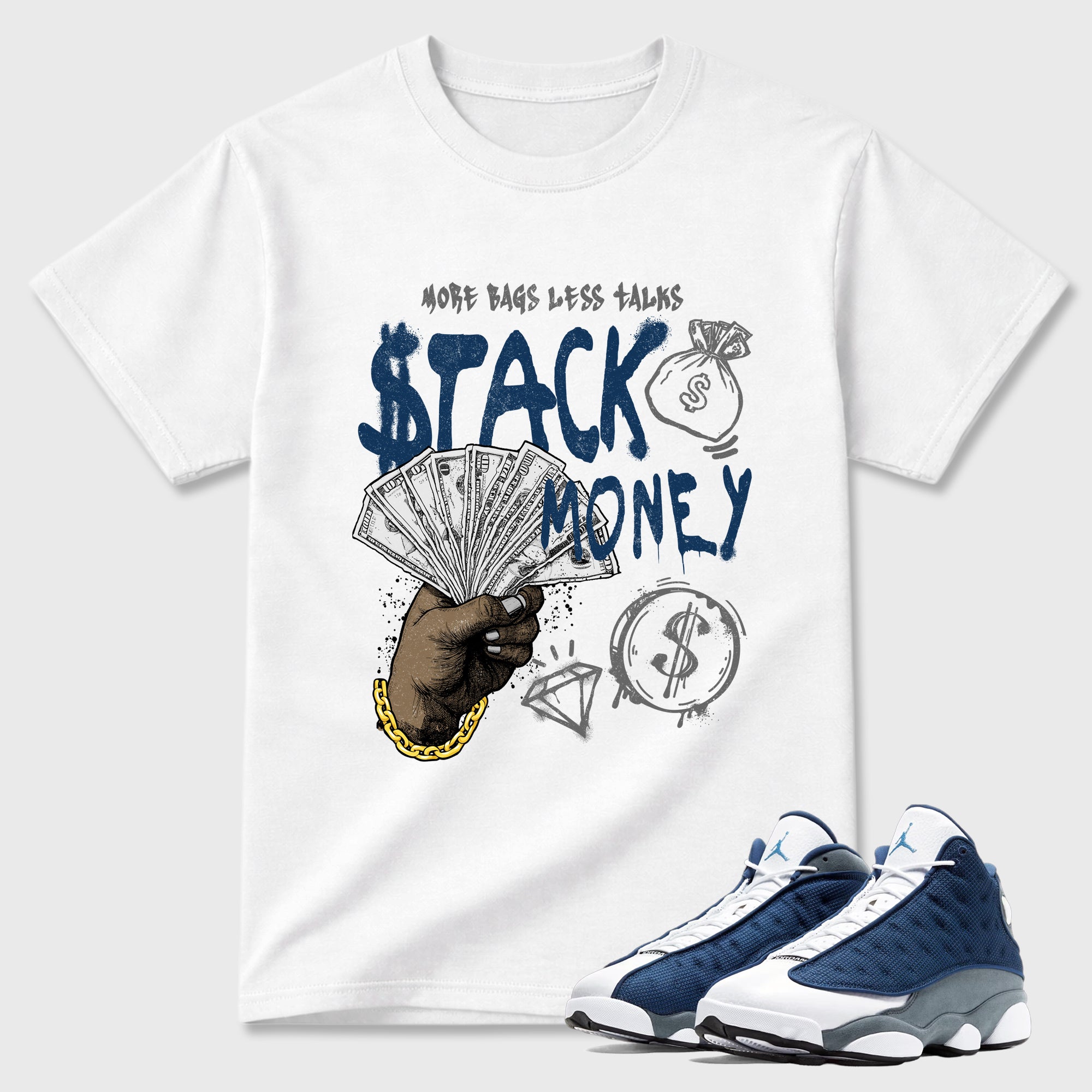 Stack Money Graphic T-Shirt featuring original streetwear artwork designed to match the Air Jordan 13 Flint. White 1 Graphic T-Shirt.