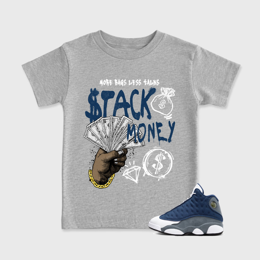 Stack Money Baby & Kids Graphic T-Shirt featuring original artwork designed to match the Air Jordan 13 Flint. Heather Grey 1 Kids Graphic Tee.