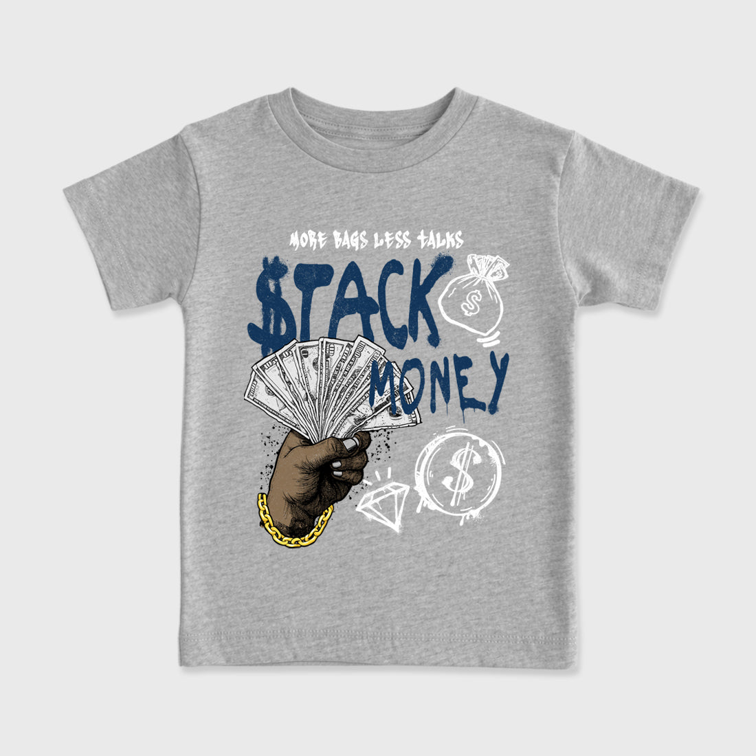 Stack Money Baby & Kids Graphic T-Shirt featuring original artwork designed to match the Air Jordan 13 Flint. Heather Grey 2 Kids Graphic Tee.