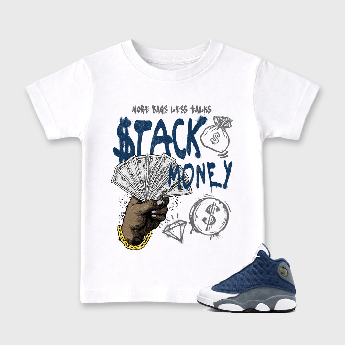 Stack Money Baby & Kids Graphic T-Shirt featuring original artwork designed to match the Air Jordan 13 Flint. White 1 Kids Graphic Tee.