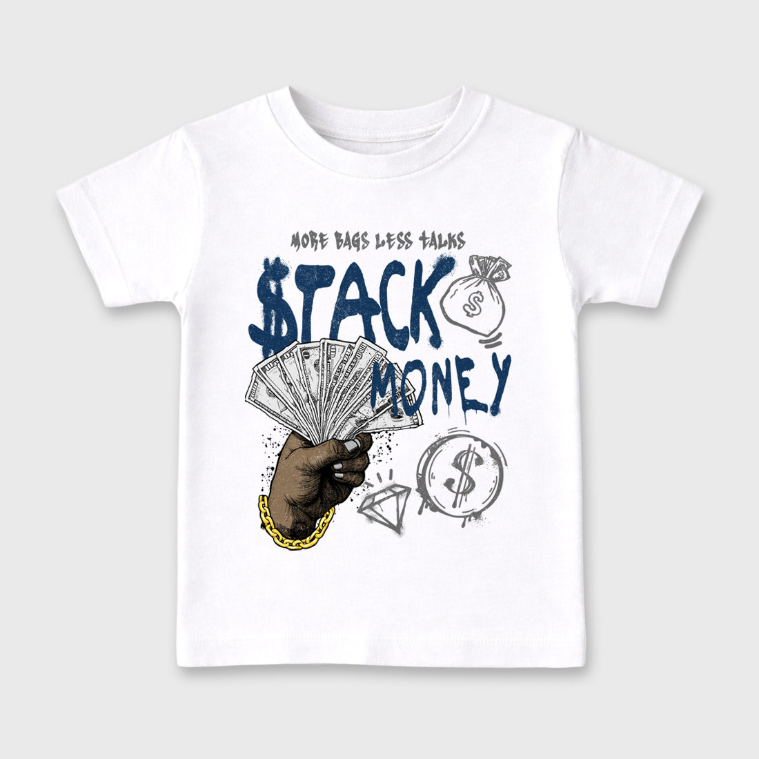 Stack Money Baby & Kids Graphic T-Shirt featuring original artwork designed to match the Air Jordan 13 Flint. White 2 Kids Graphic Tee.