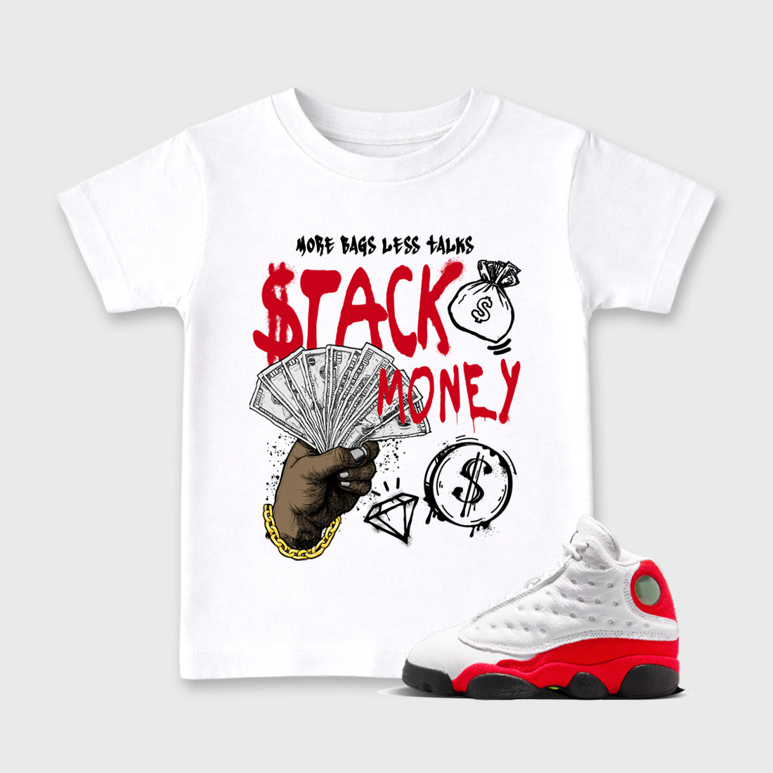 Sneaker match tees – Sneaker Tees To Match Air Jordan 13 University Red Shoes – Stack Money Kids T-Shirt White 1