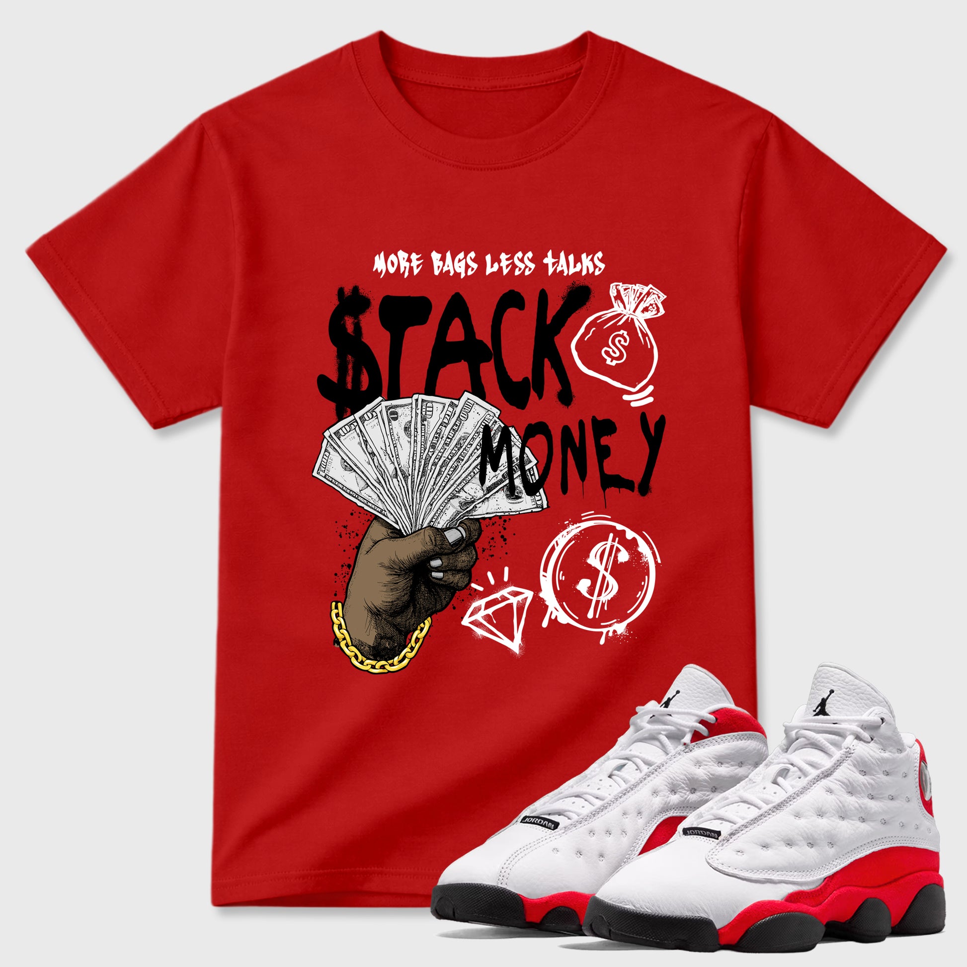 Sneaker match tees – Sneaker Tees To Match Air Jordan 13 University Red Shoes – Stack Money Tee Red 1