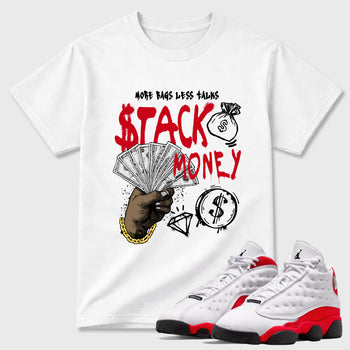 Sneaker match tees – Sneaker Tees To Match Air Jordan 13 University Red Shoes – Stack Money Tee White 1