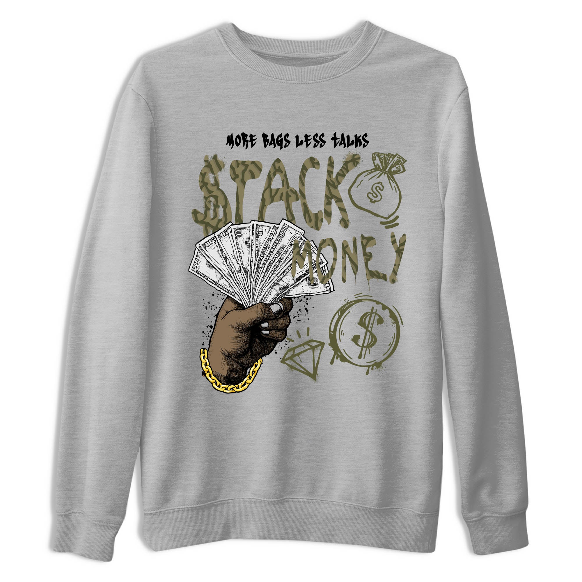 Sneaker Threads – Sneaker Tees To Match Air Jordan 3 Medium Olive – Stack Money Graphic Tee Heather Grey 2. Perfect for Jordan releases 2025 colorways.