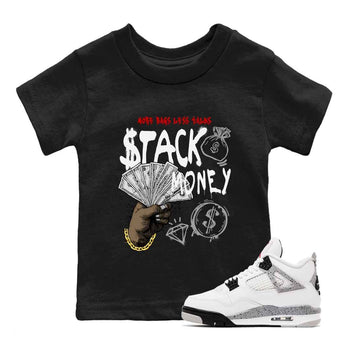 Stack Money baby and kids t-shirt crafted for little sneakerheads to shine with the Air Jordan 4 White Cement sneakers, displayed in Black 1.