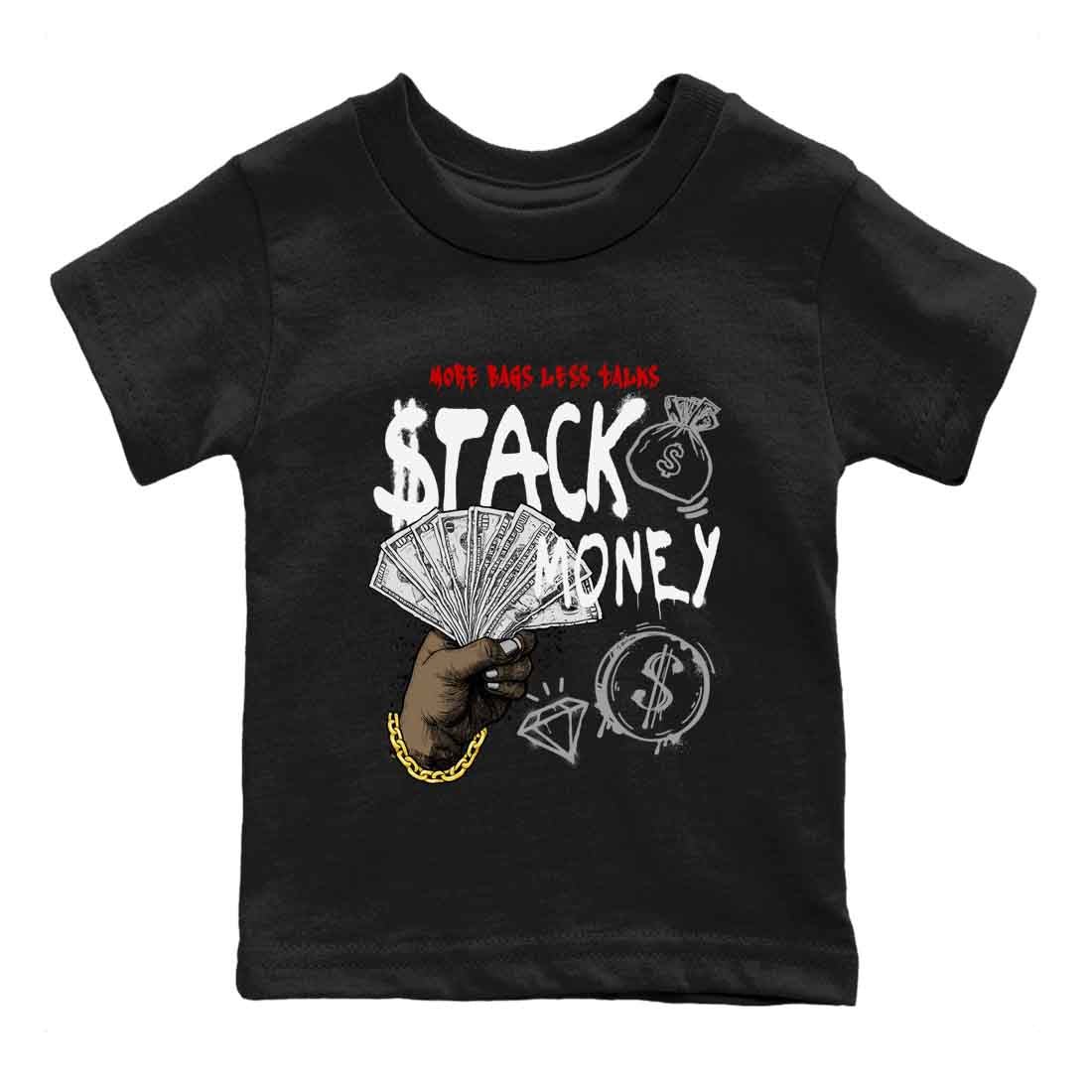 Stack Money baby and kids t-shirt crafted for little sneakerheads to shine with the Air Jordan 4 White Cement sneakers, displayed in Black 2.